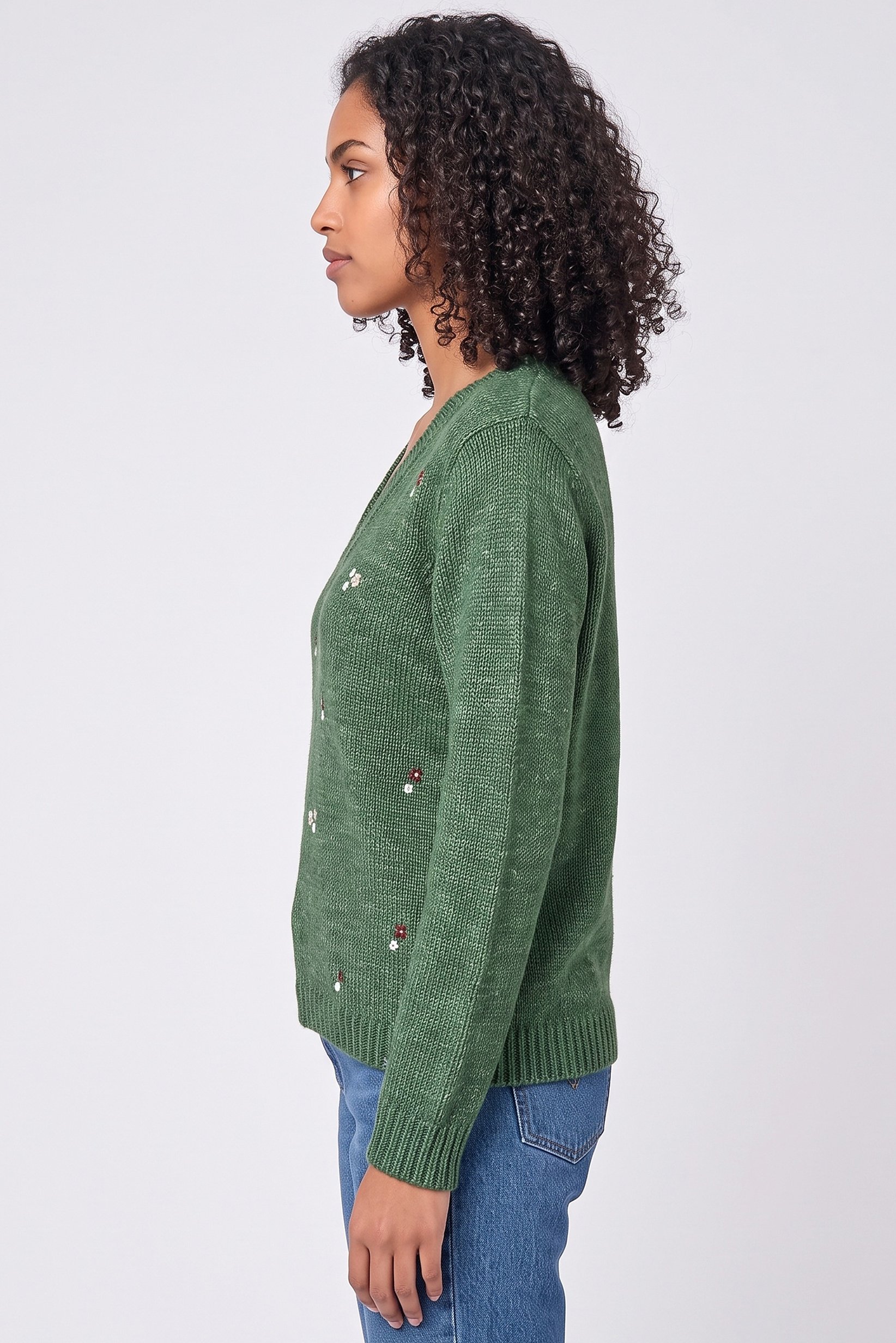 Women V-Neck Knitted Sweater, Green