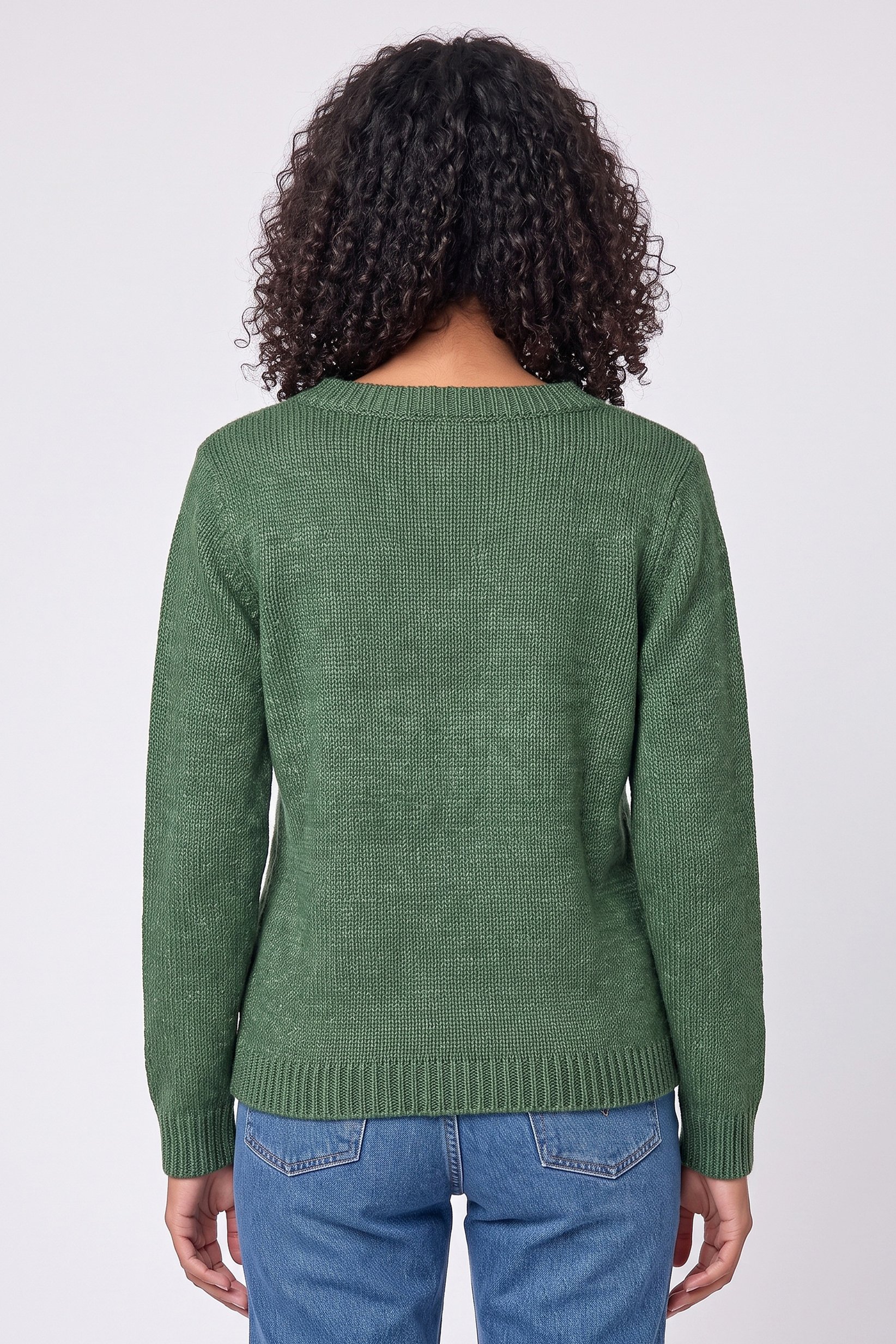 Women V-Neck Knitted Sweater, Green