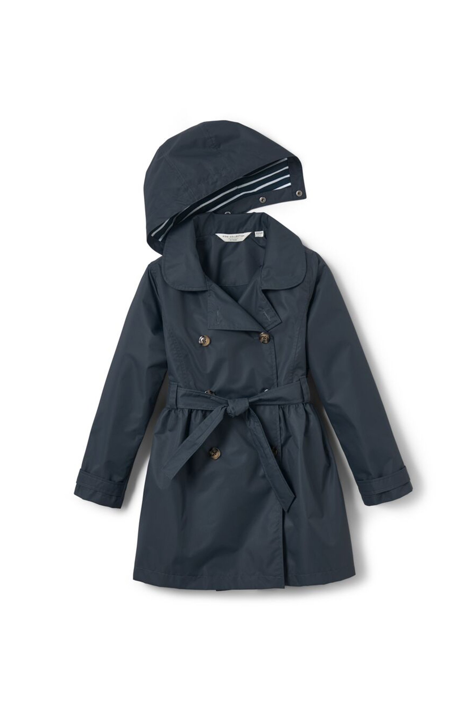 Kids Girl Plain Belted Trench Coat, Navy