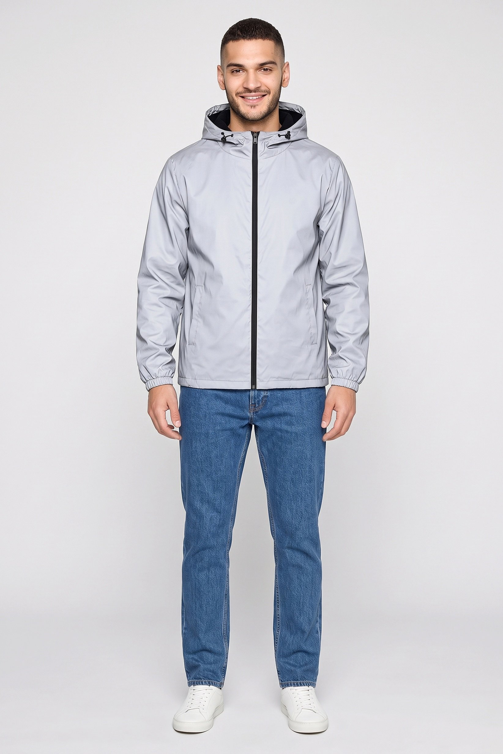 Men Hood Long Sleeve Plain Windbreaker Jacket, Grey