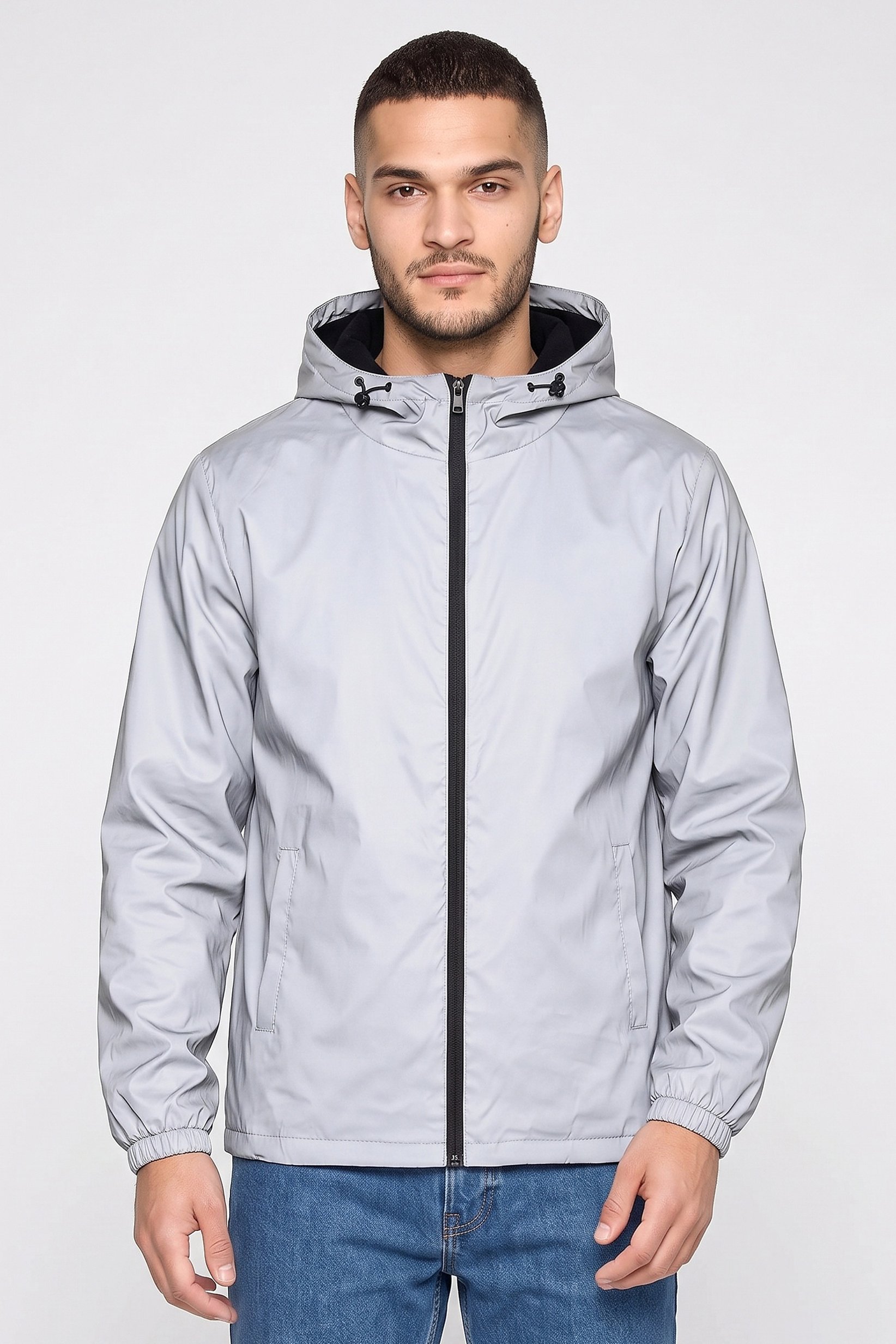 Men Hood Long Sleeve Plain Windbreaker Jacket, Grey