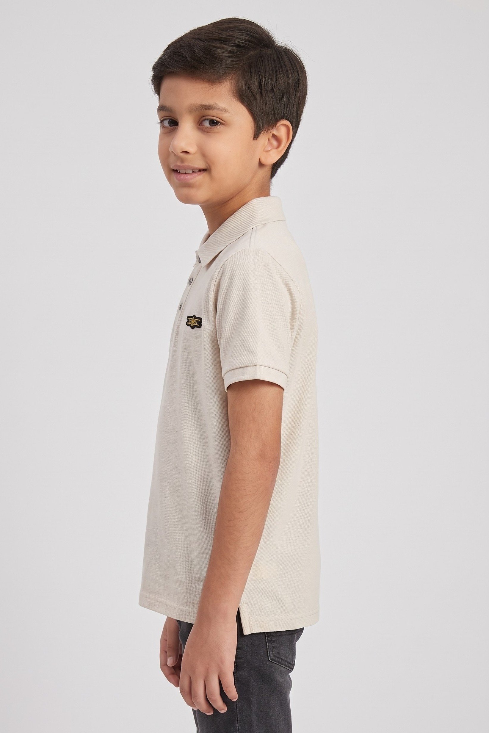 Kids Boy Regular Fit Embroidered Logo Short Sleeve Polo Shirt, Beige
