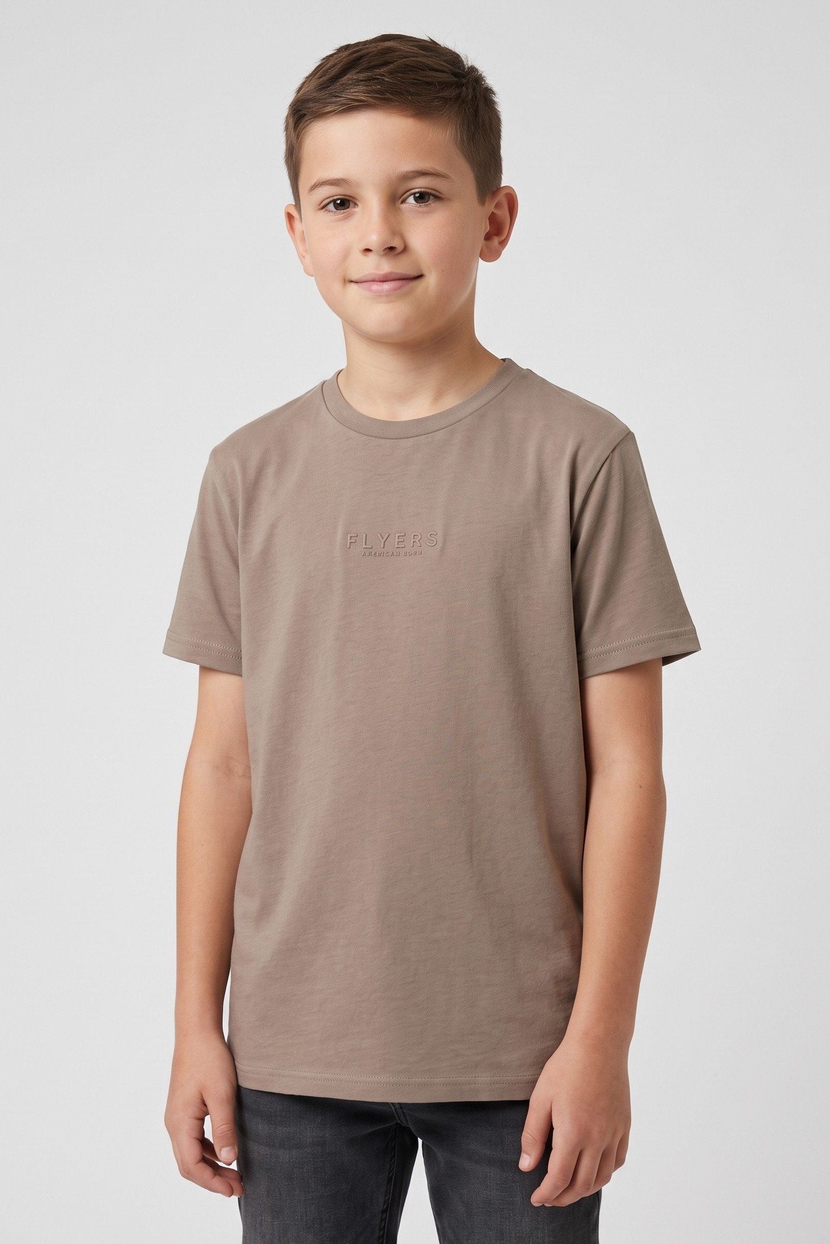 Kids Boy Crew Neck Short Sleeve Brand Logo T-Shirt, Tan
