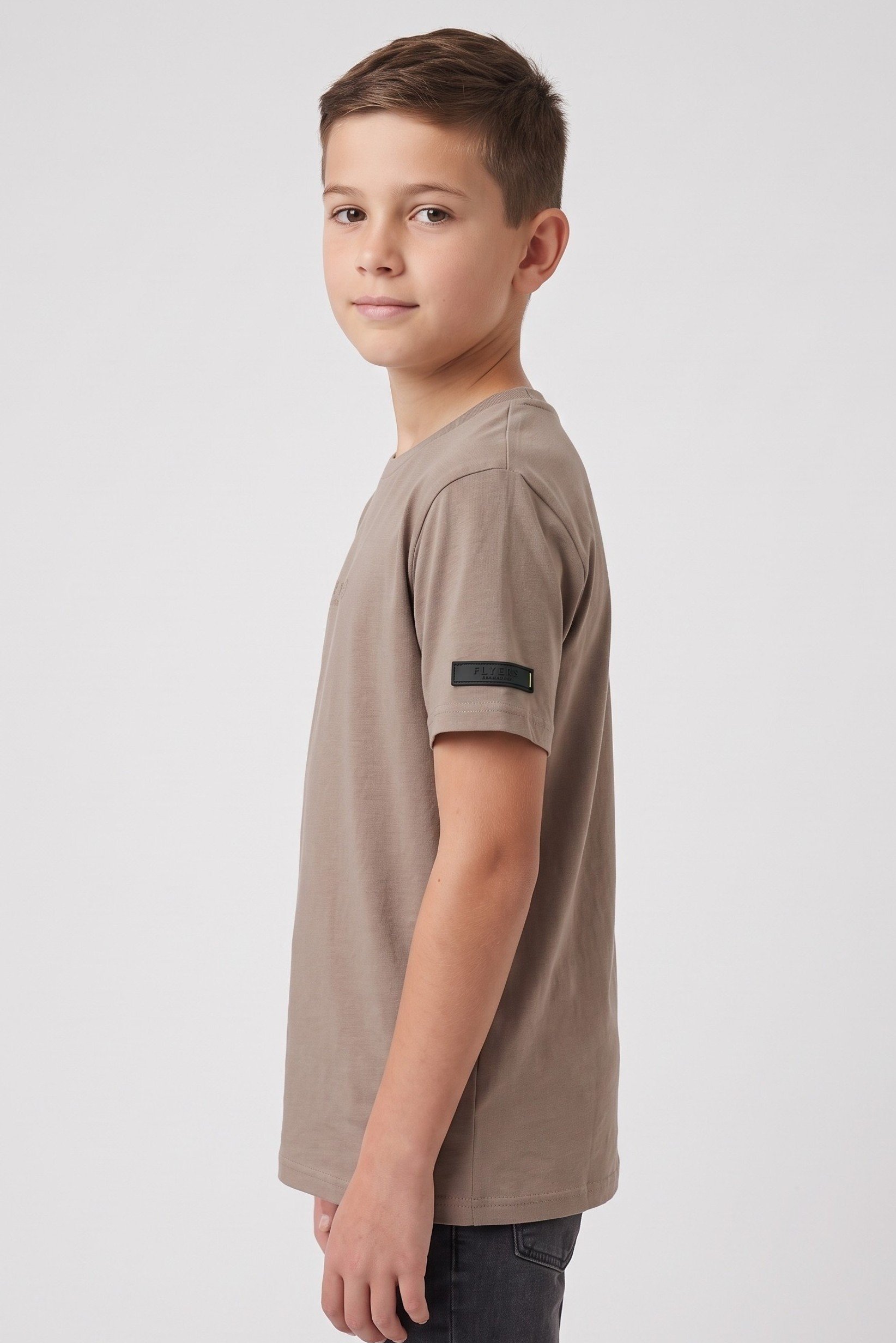 Kids Boy Crew Neck Short Sleeve Brand Logo T-Shirt, Tan