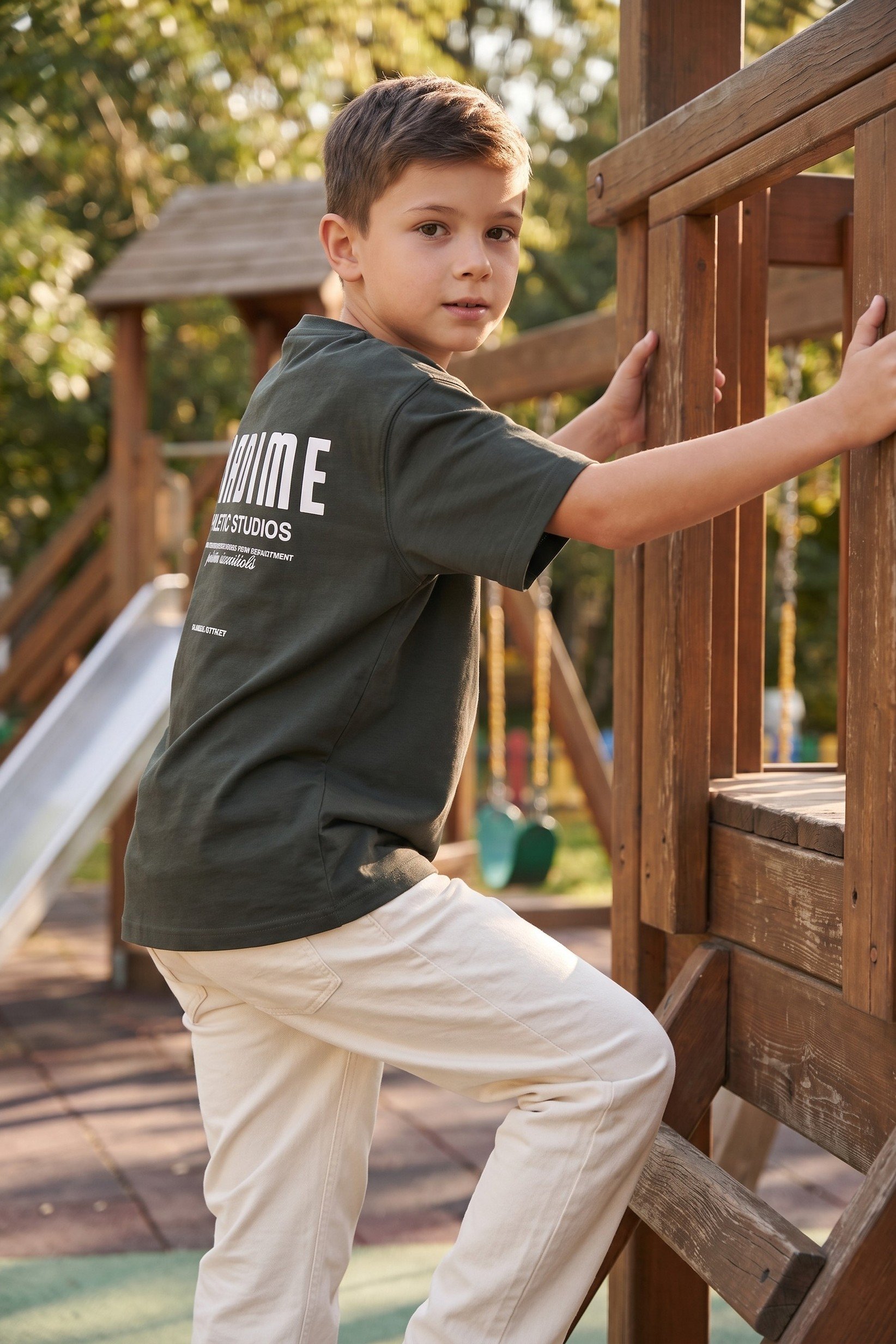 Kids Boy Oversized Fit Short Sleeve Graphic Print T-Shirt, Deep Olive