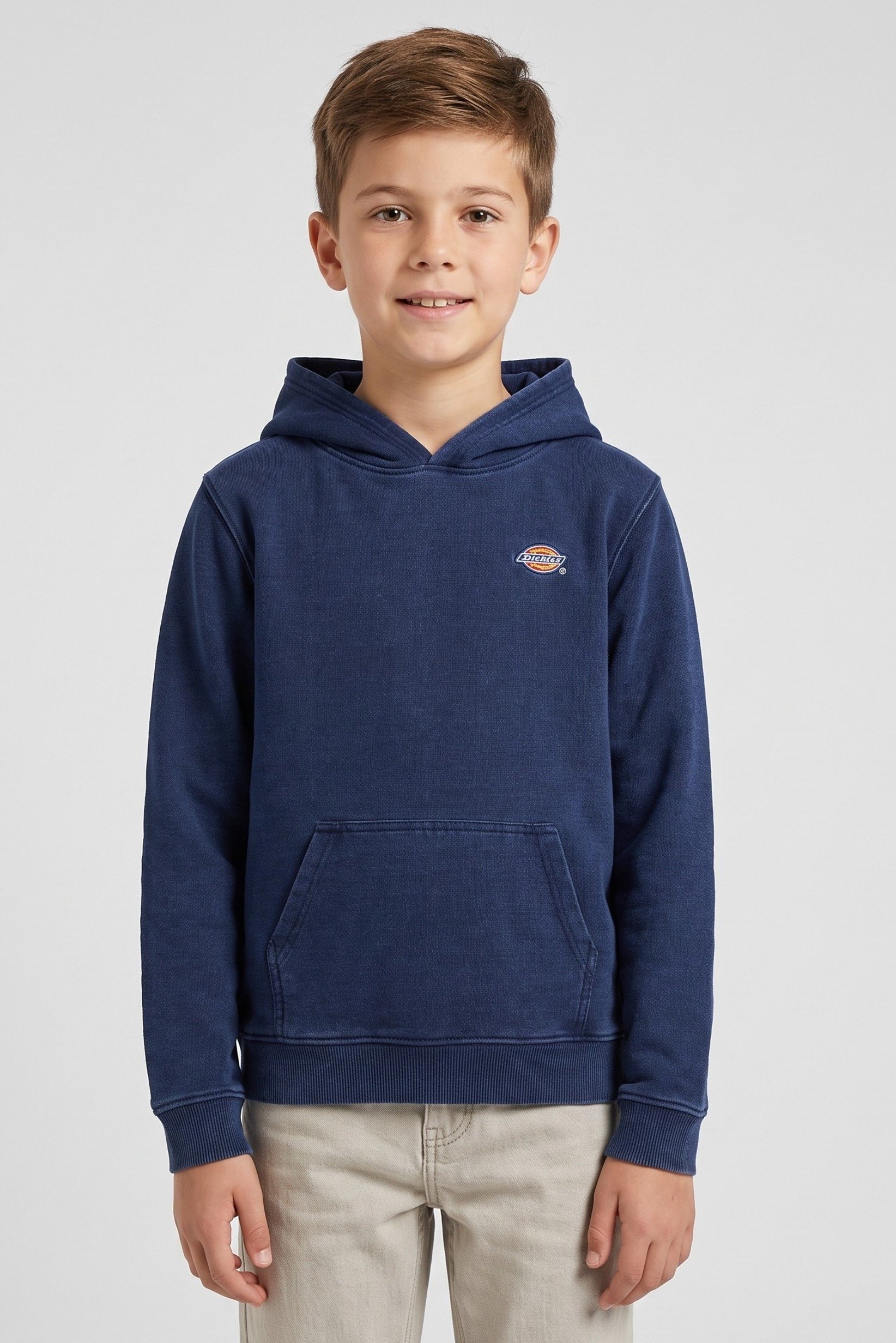 Kids Boy Embroidered Logo Long Sleeve Hoodie, Indigo Blue