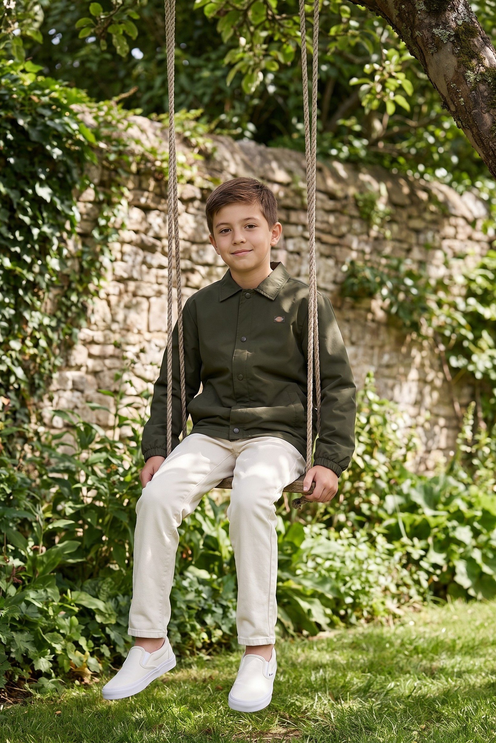 Kids Boy Embroidered Logo Jacket Shirt, Dark Olive