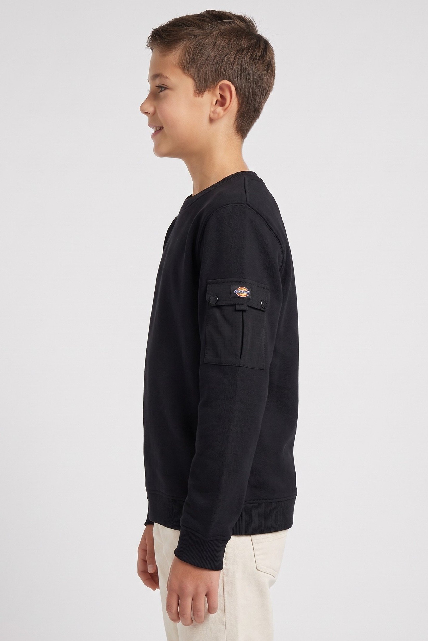 Kids Boy Crew Neck Long Sleeve Embroidered Logo Sweatshirt, Black