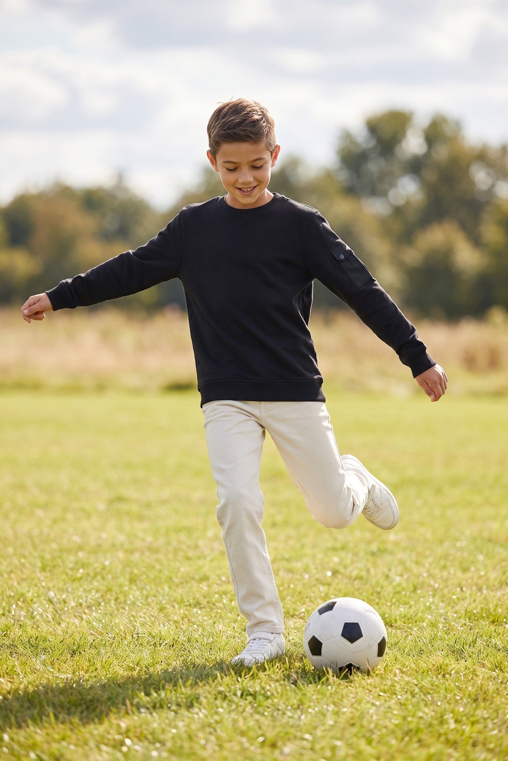 Kids Boy Crew Neck Long Sleeve Embroidered Logo Sweatshirt, Black