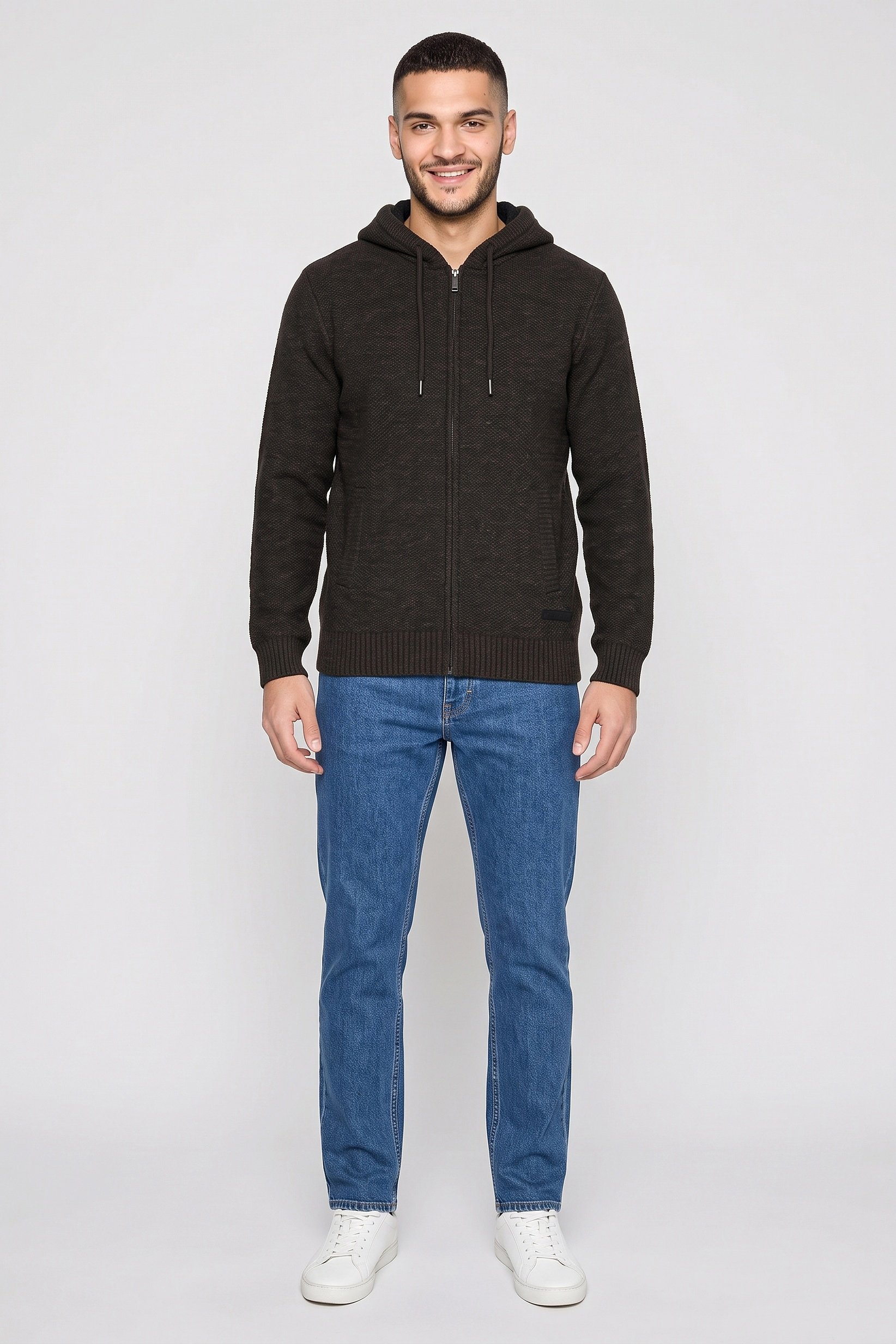 Men Heather Long Sleeve Knitted Hoodies, Khaki Melange