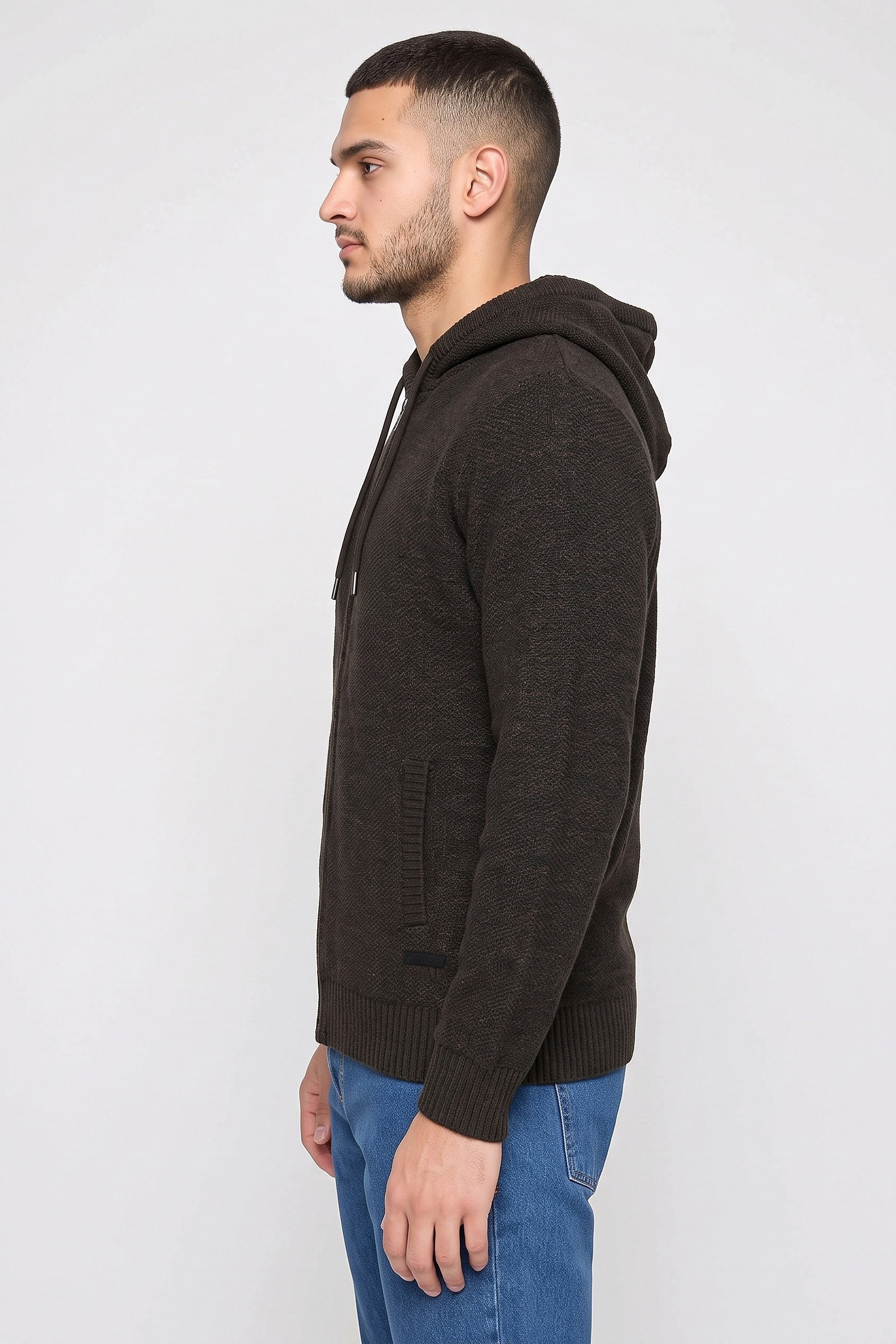 Men Heather Long Sleeve Knitted Hoodies, Khaki Melange