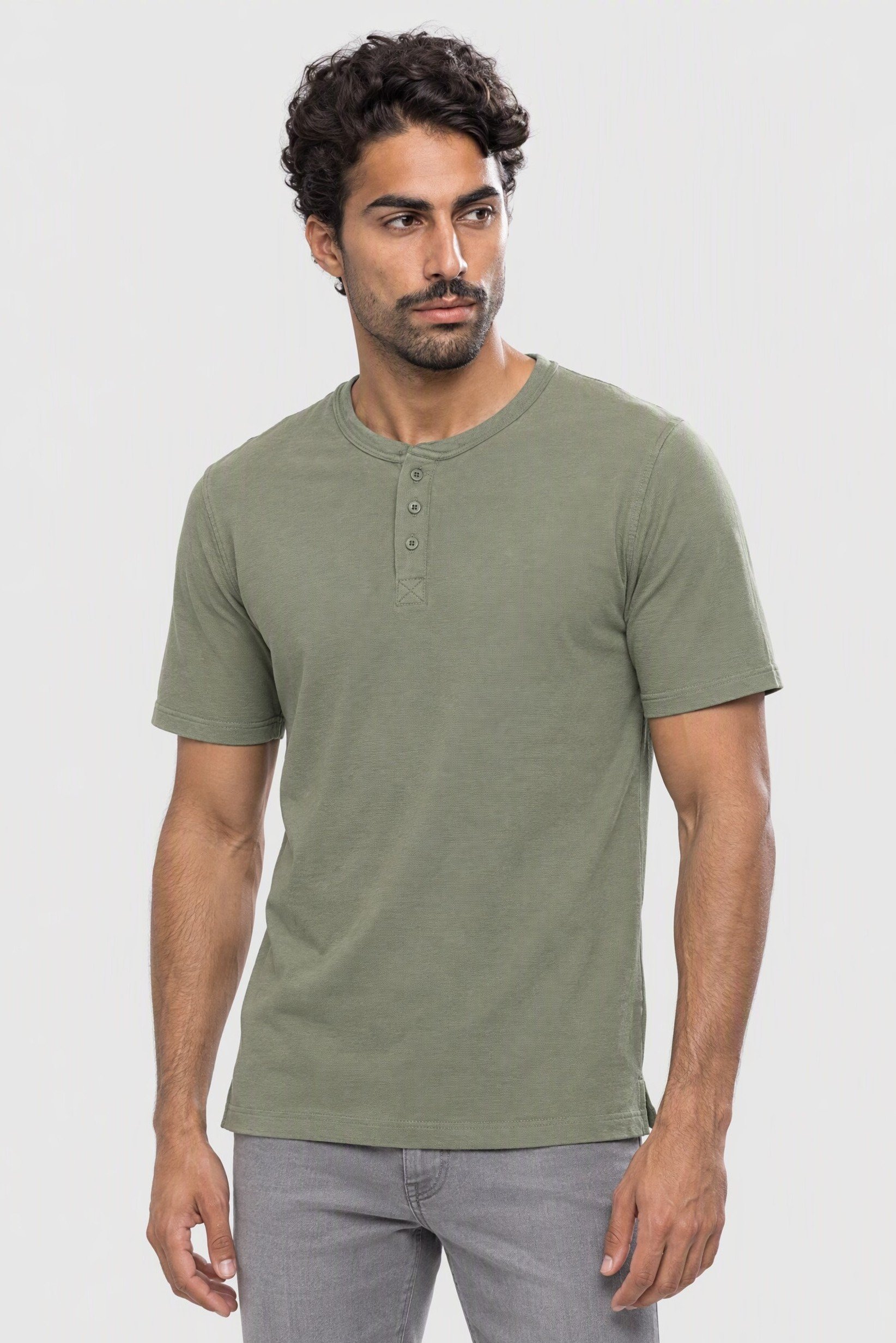 Men Henley Neck Short Sleeve Textured T-Shirt, Green
