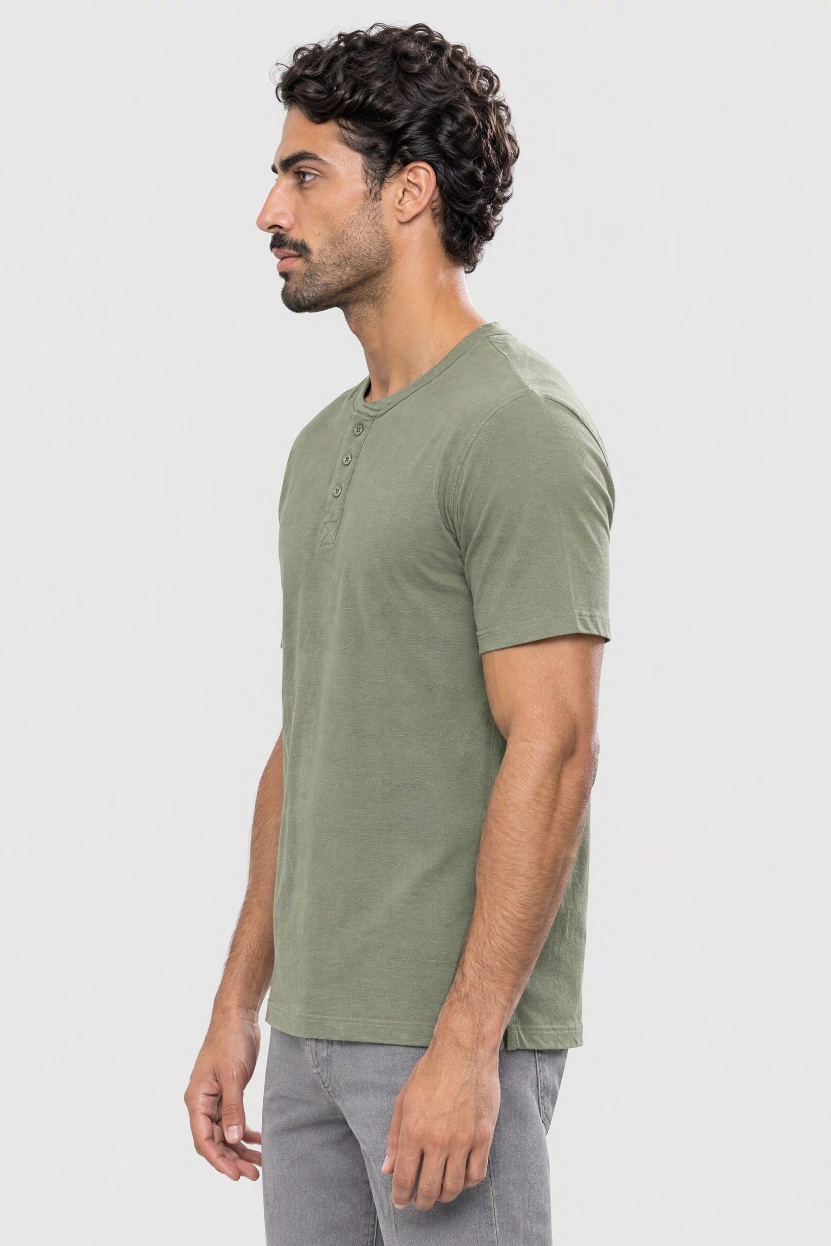 Men Henley Neck Short Sleeve Textured T-Shirt, Green