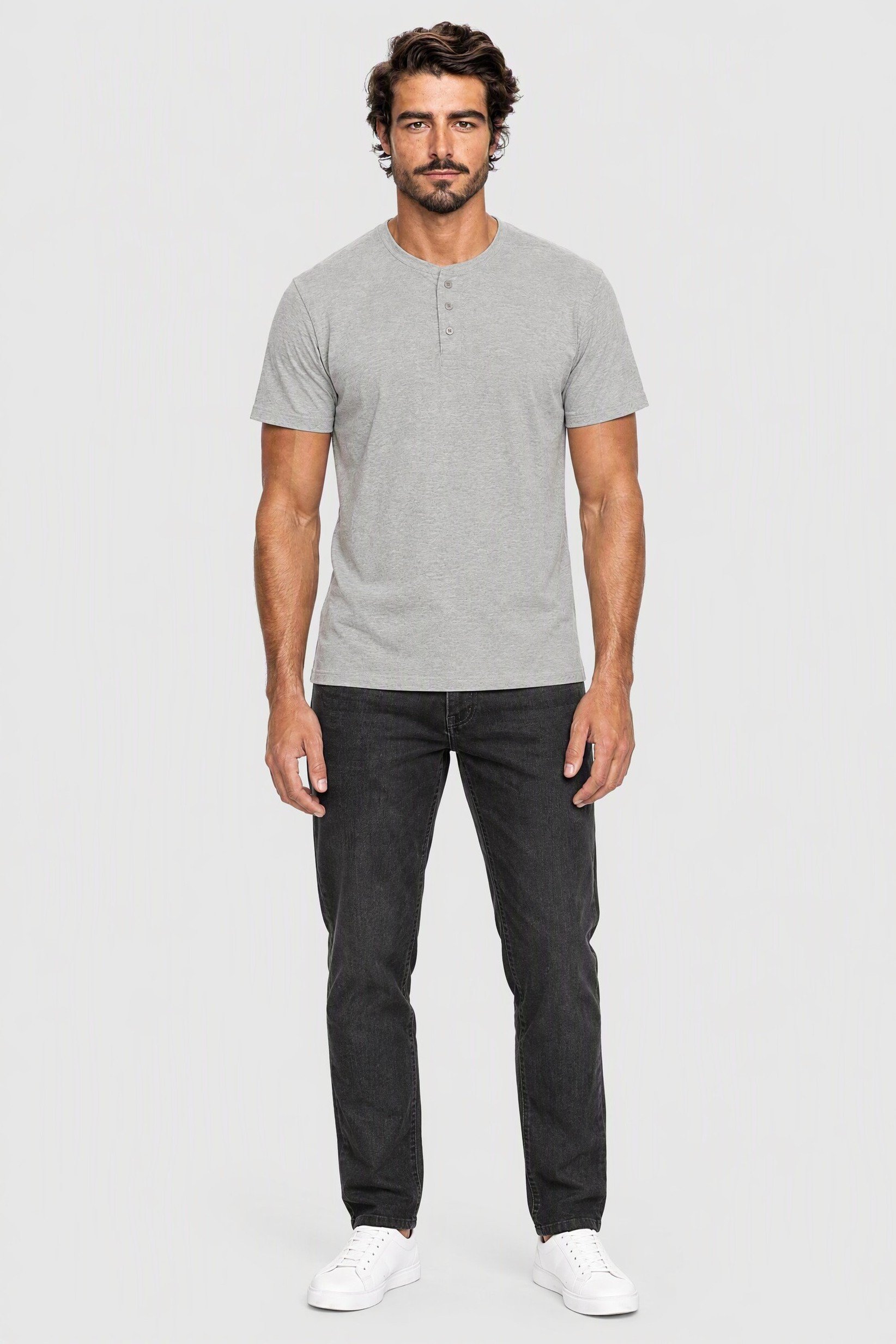 Men Henley Neck Long Sleeve Heather T-Shirt, Grey