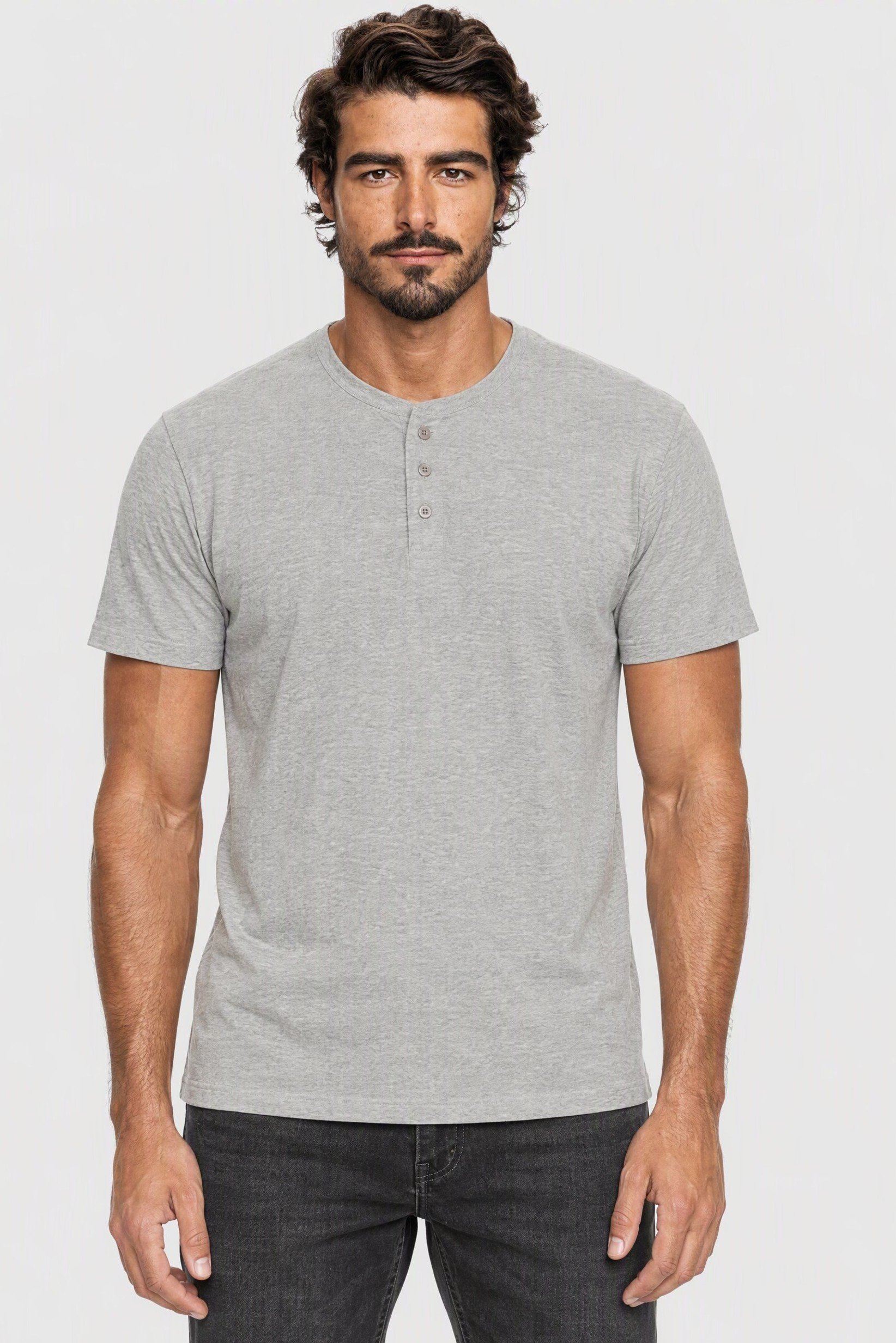 Men Henley Neck Long Sleeve Heather T-Shirt, Grey