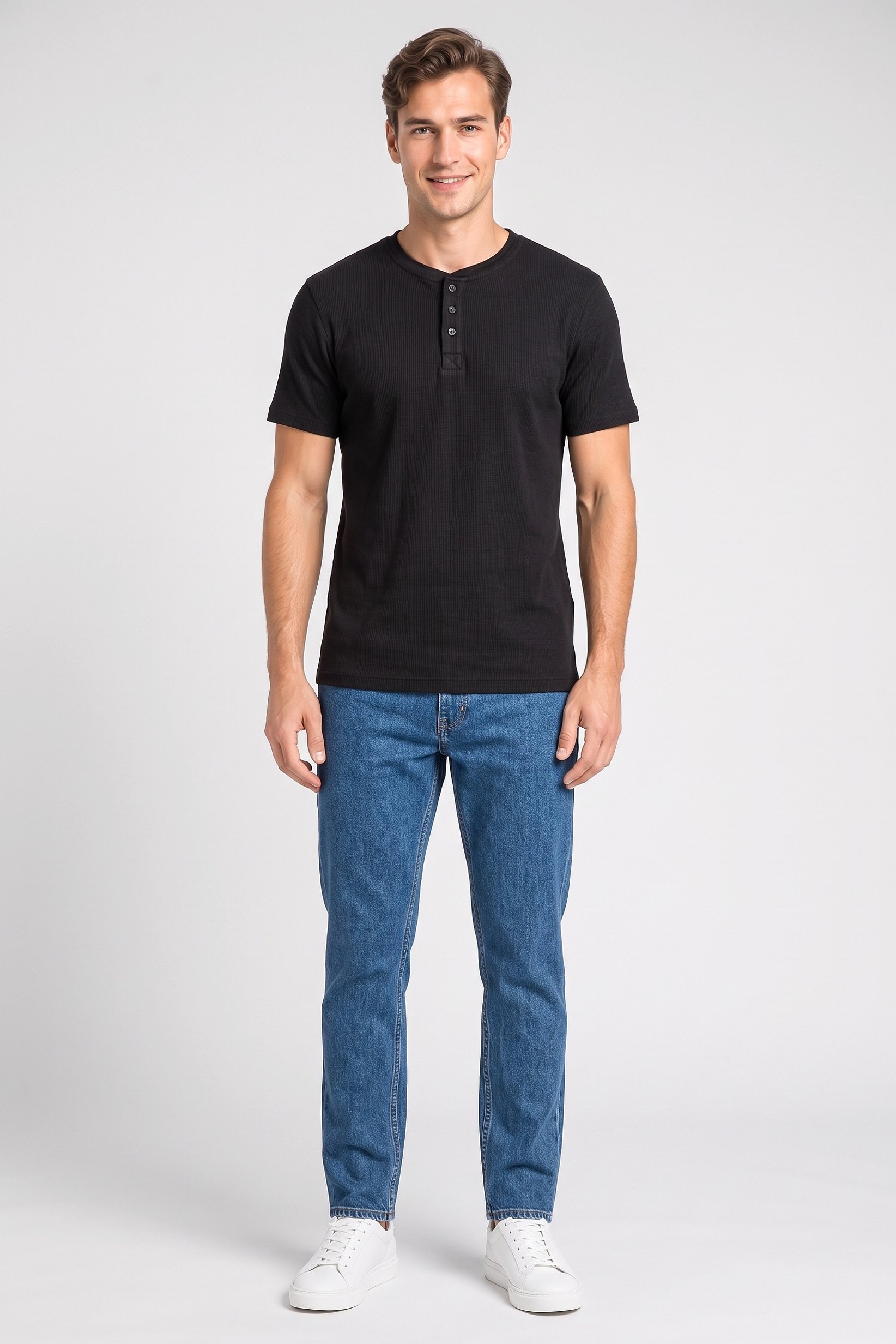 Men Henley Neck Short Sleeve Plain T-Shirt, Black