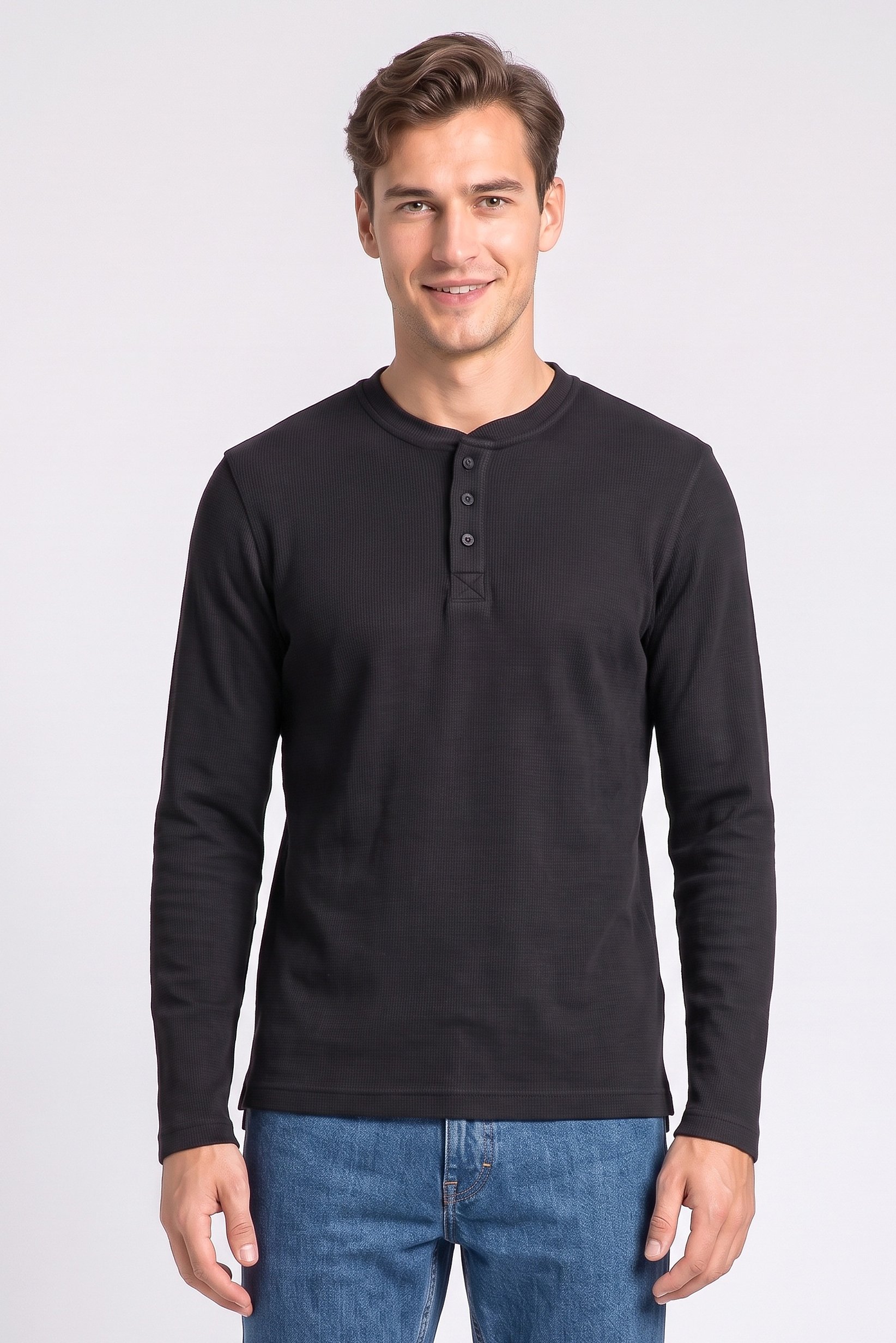 Men Henley Neck Long Sleeve Textured T-Shirt, Navy