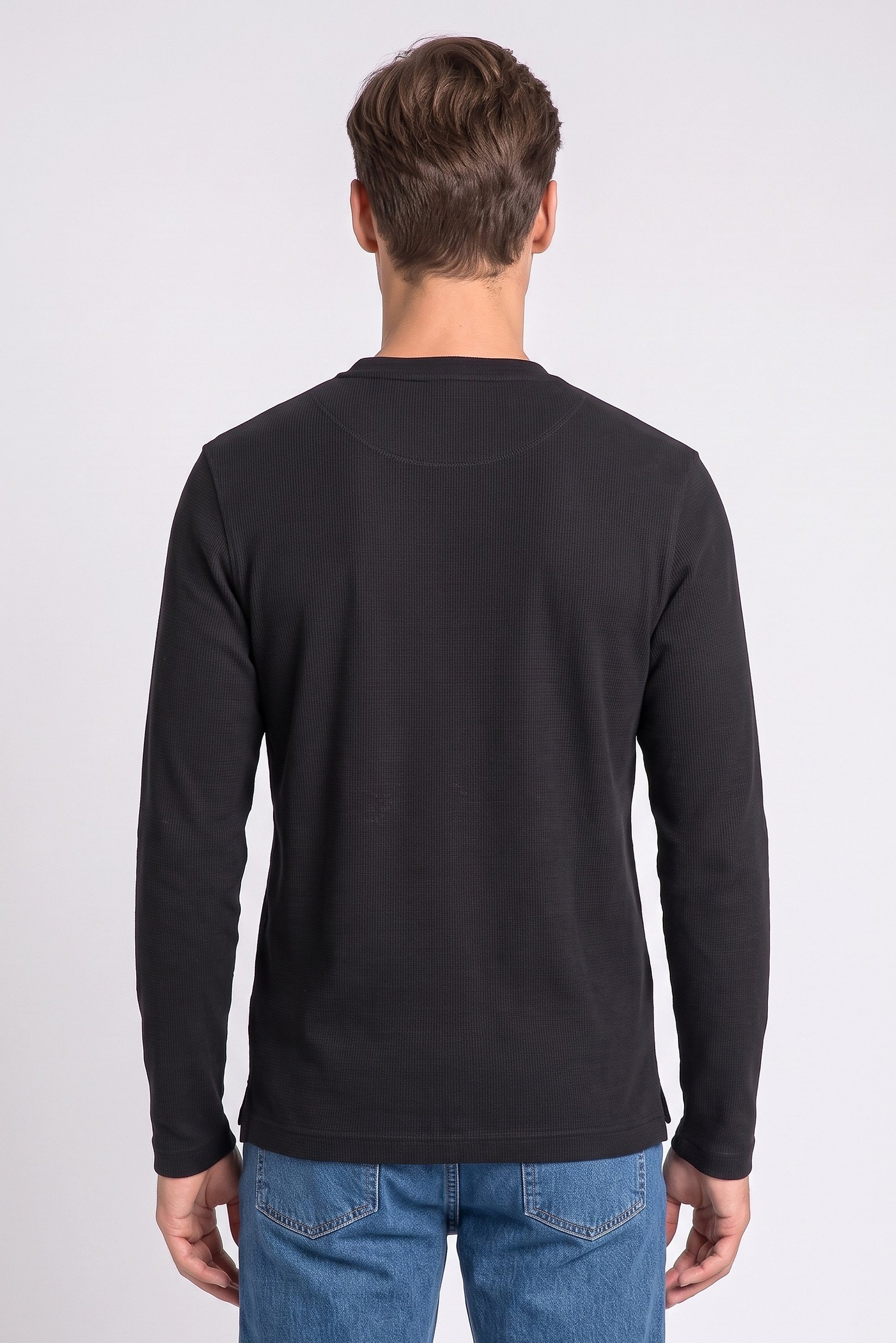 Men Henley Neck Long Sleeve Textured T-Shirt, Navy