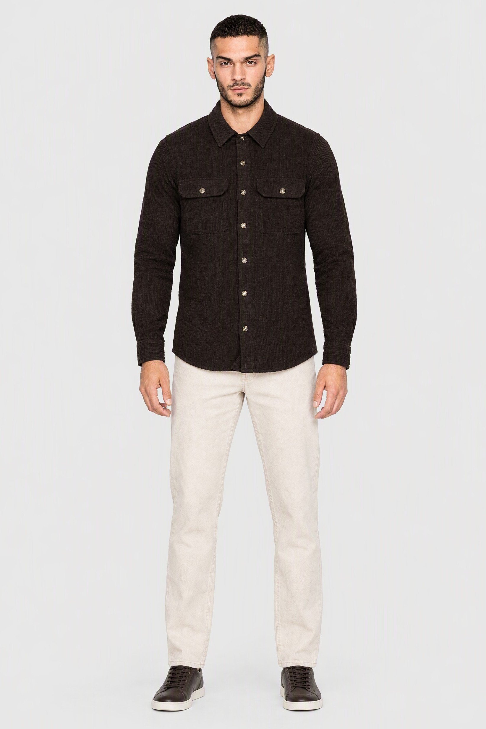 Men Regular Fit Textured Long Sleeve Corduroy Shirt, Chocolate Brown