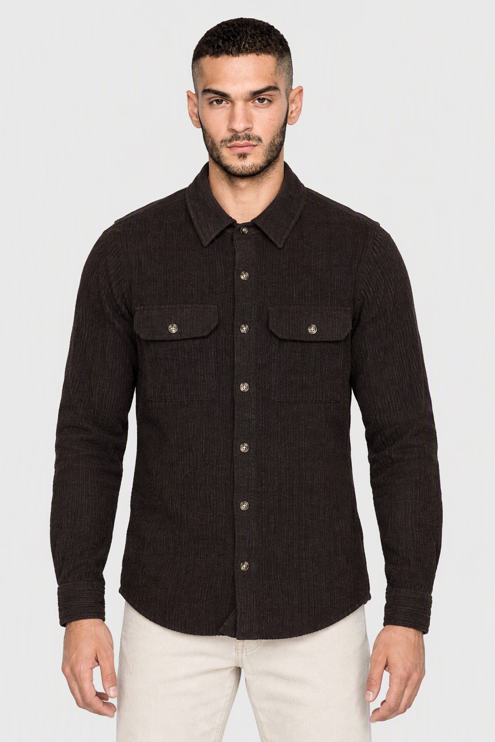 Men Regular Fit Textured Long Sleeve Corduroy Shirt, Chocolate Brown