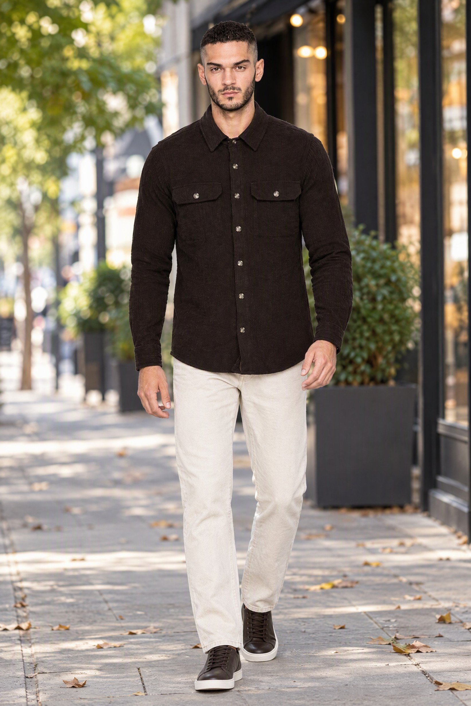 Men Regular Fit Textured Long Sleeve Corduroy Shirt, Chocolate Brown