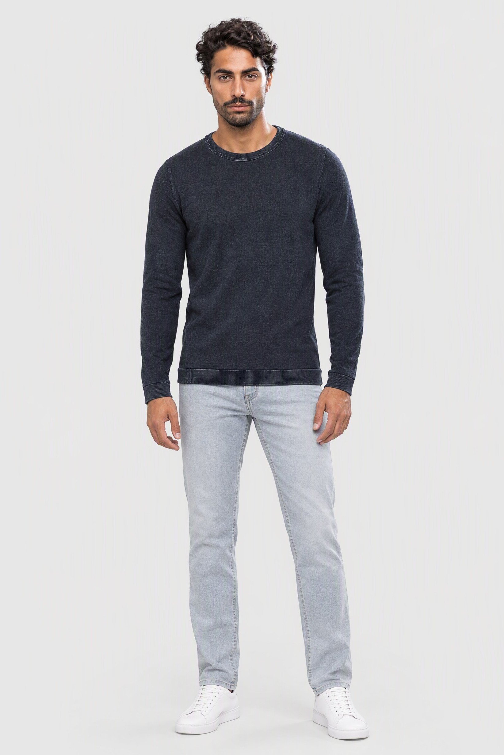 Men Crew Neck Knitted Sweater, Denim Navy