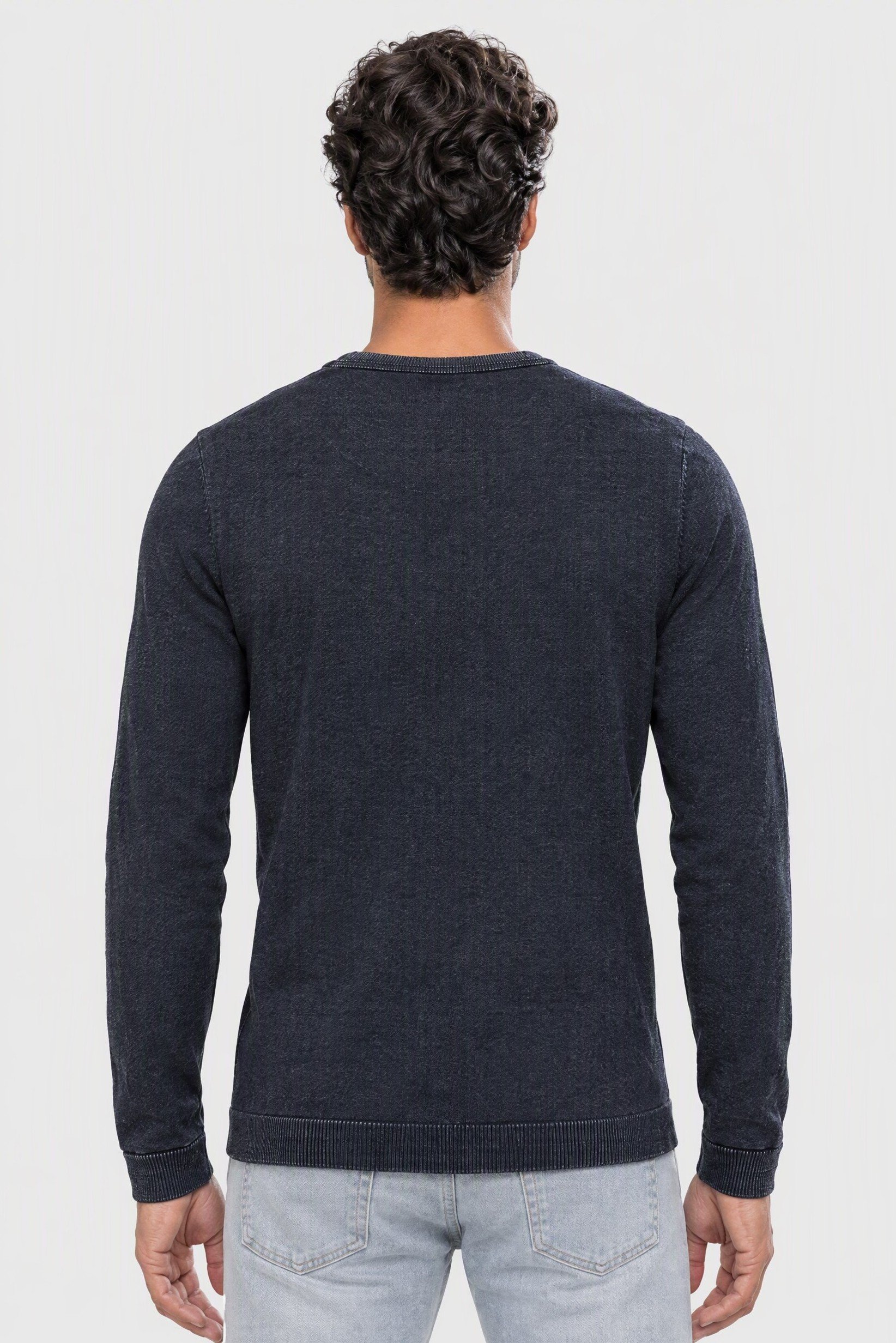 Men Crew Neck Knitted Sweater, Denim Navy