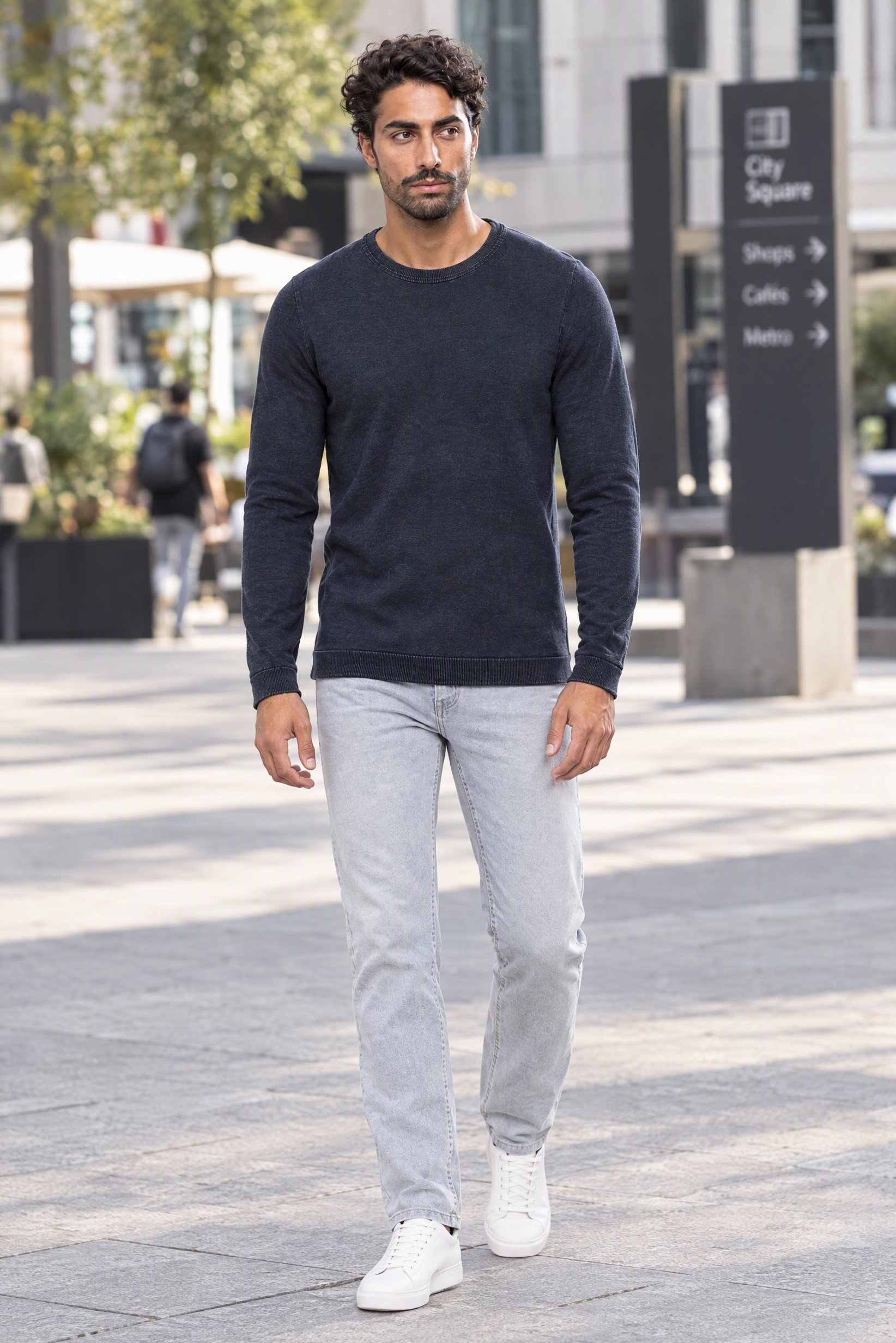 Men Crew Neck Knitted Sweater, Denim Navy