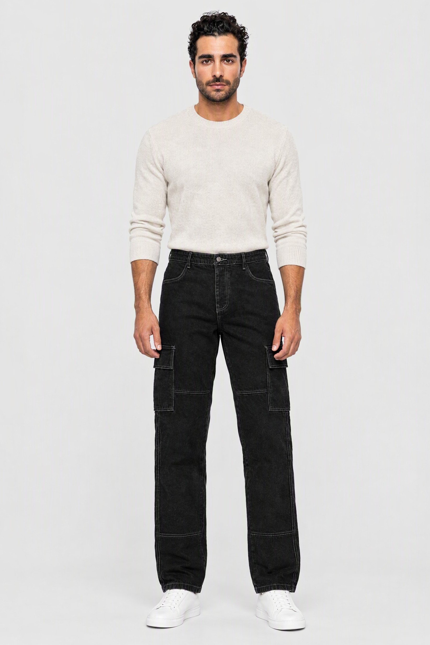 Men Loose Fit Solid No Stretch Cargo Jeans, Charcoal