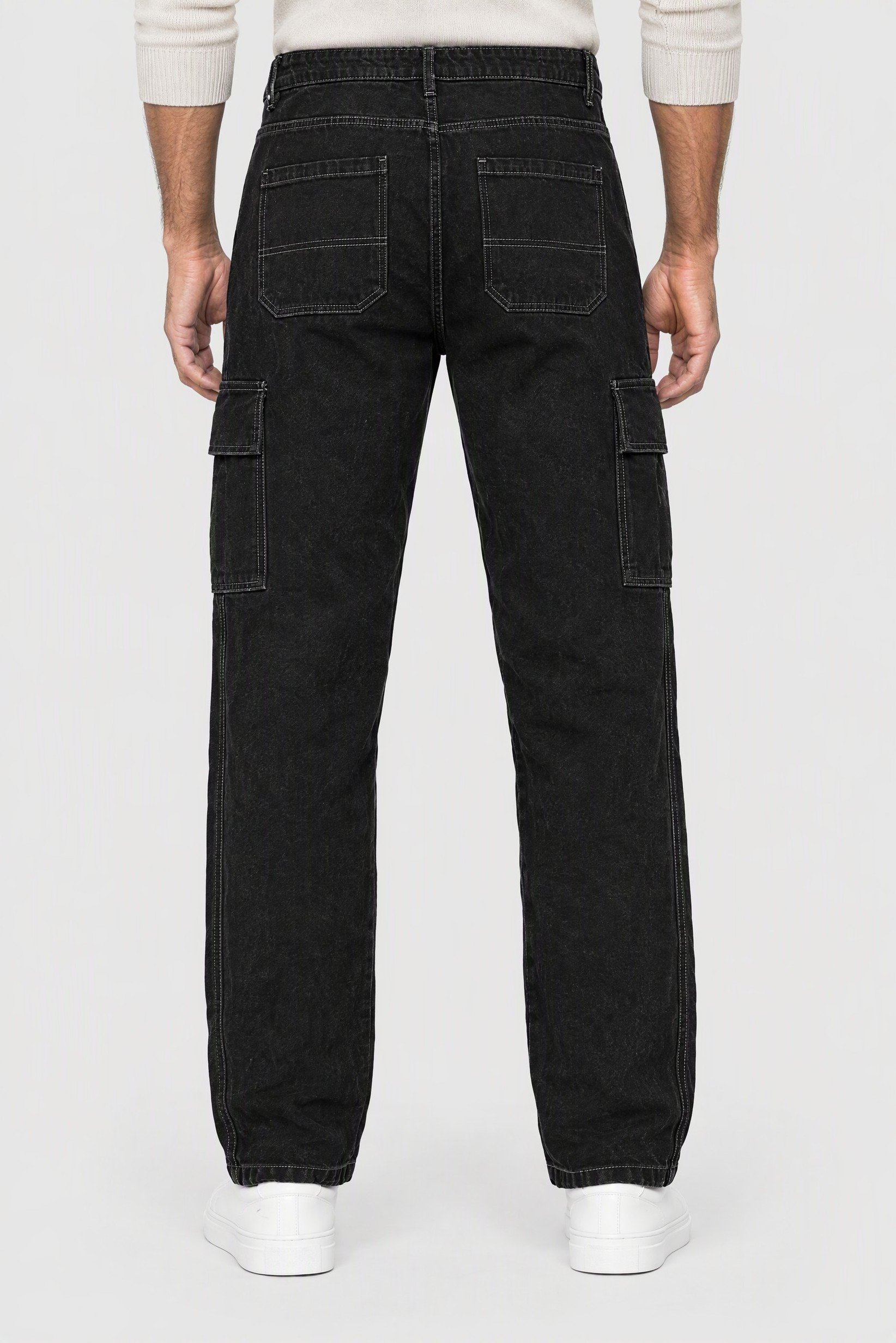 Men Loose Fit Solid No Stretch Cargo Jeans, Charcoal