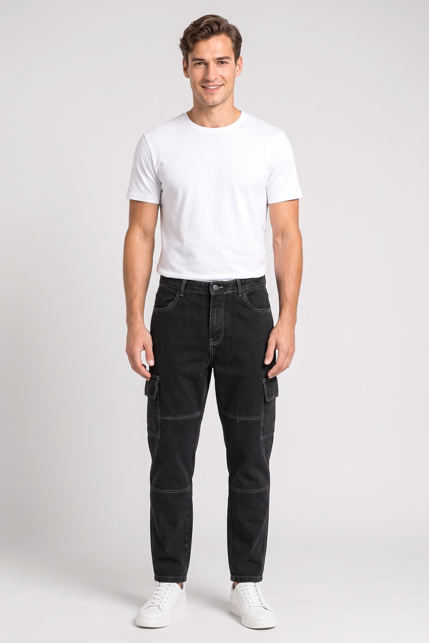 Men Loose Fit Solid No Stretch Cargo Jeans, Charcoal