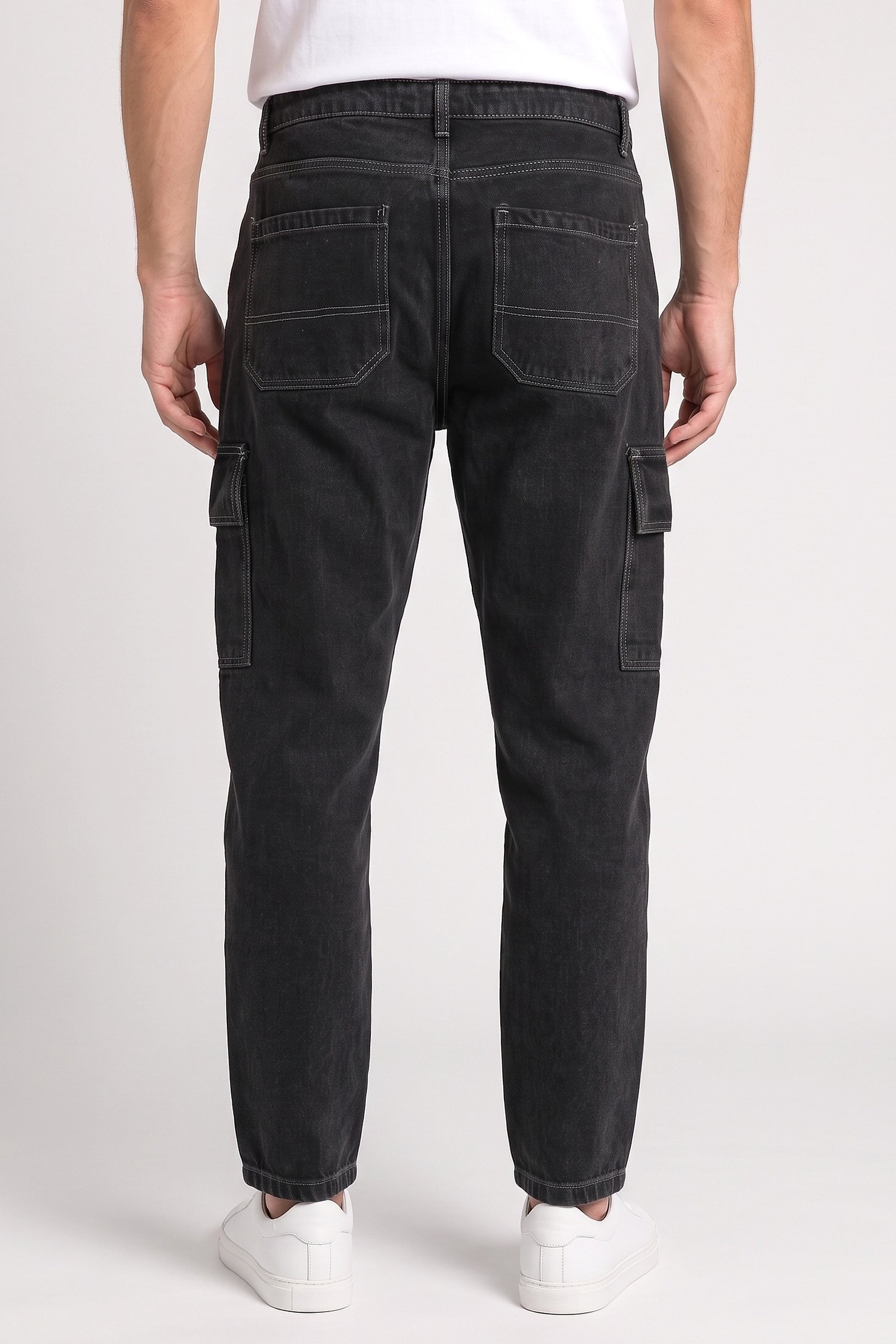 Men Loose Fit Solid No Stretch Cargo Jeans, Charcoal