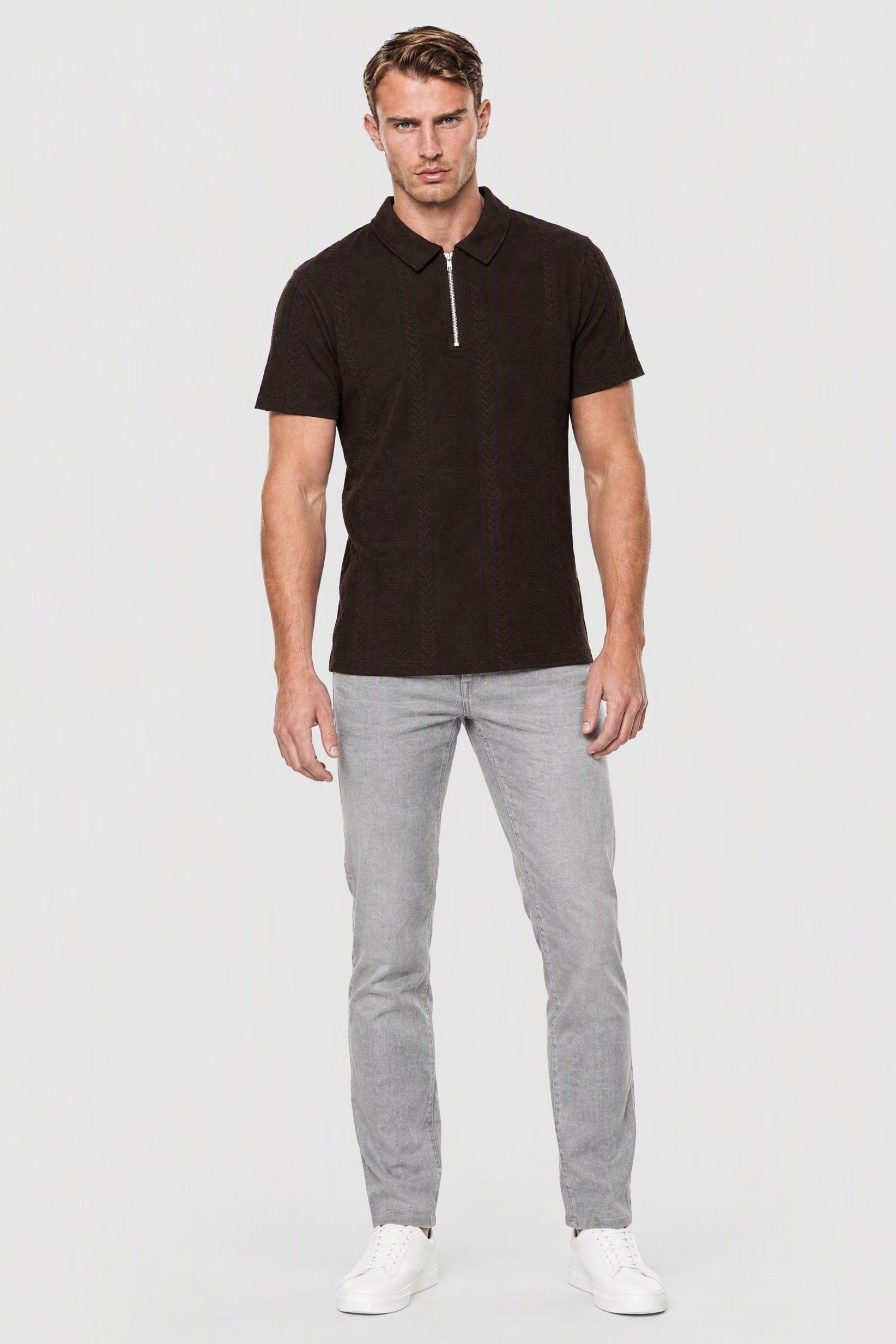 Men Regular Fit Textured Short Sleeve Half Zip Polo, Chocolate Brown