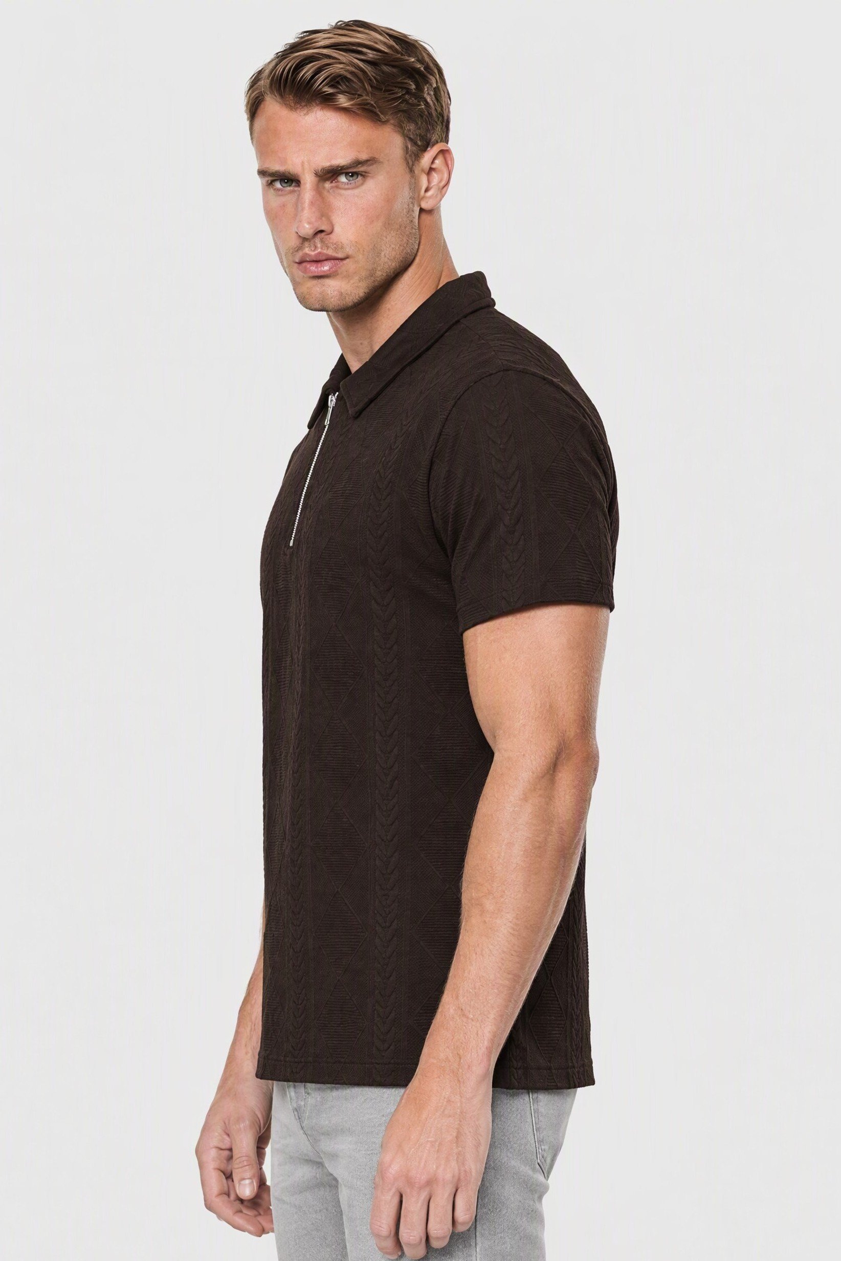 Men Regular Fit Textured Short Sleeve Half Zip Polo, Chocolate Brown
