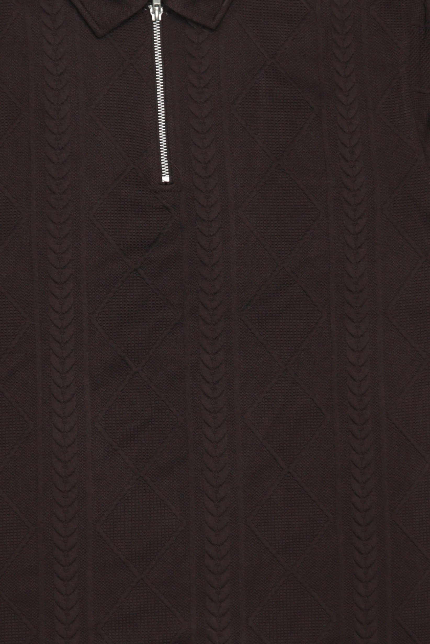 Men Regular Fit Textured Short Sleeve Half Zip Polo, Chocolate Brown