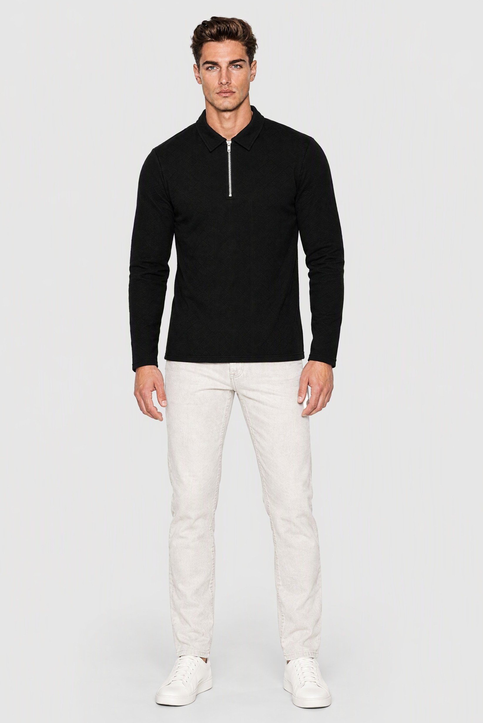 Men Regular Fit Half Zipper Long Sleeve Textured Polo Shirt, Black