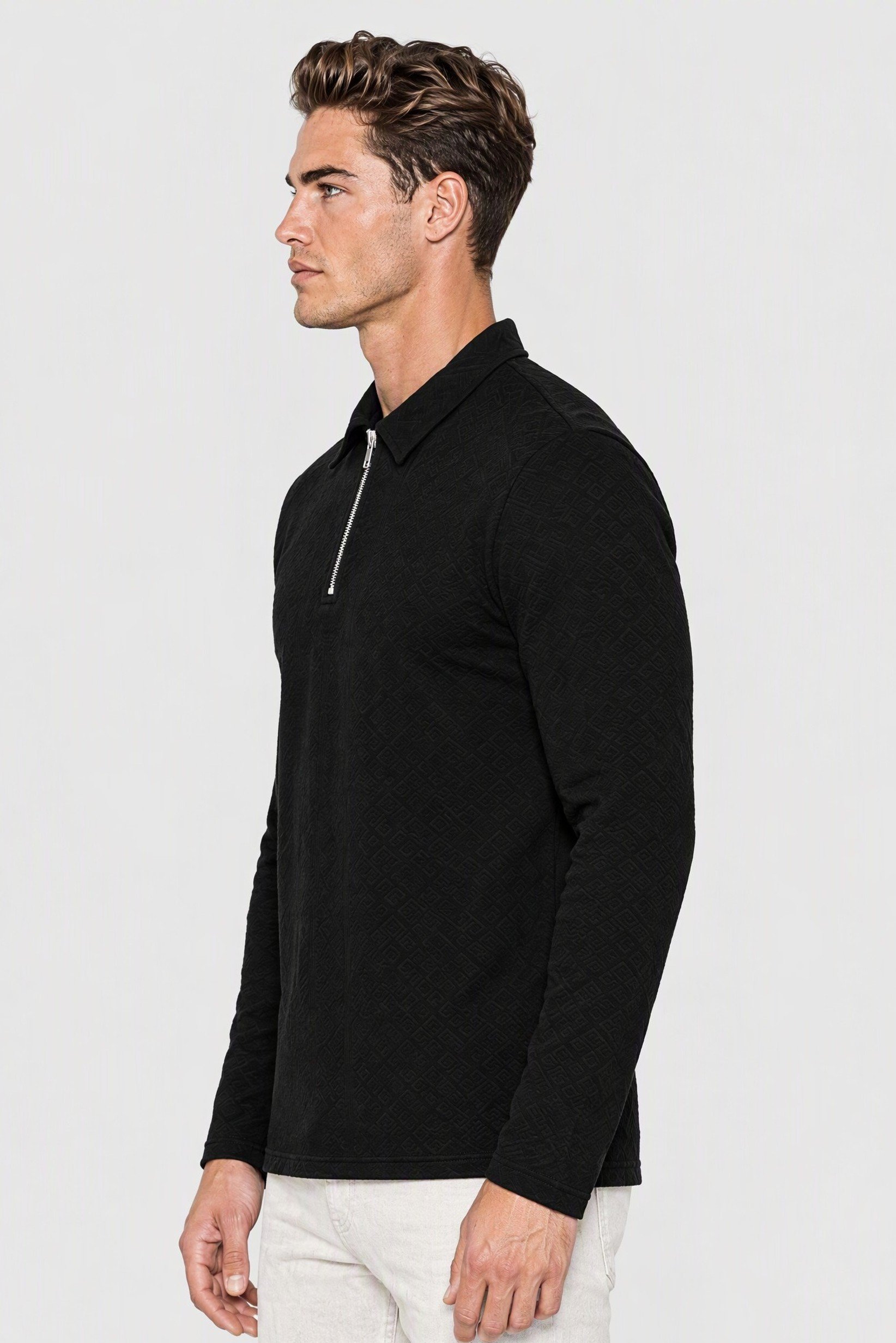 Men Regular Fit Half Zipper Long Sleeve Textured Polo Shirt, Black