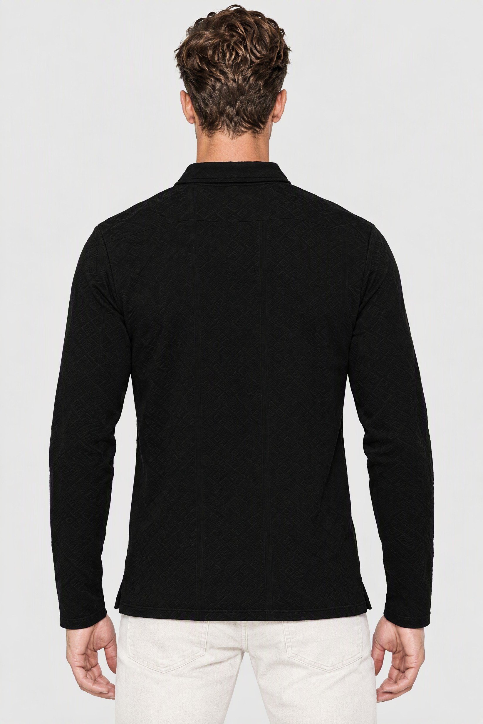 Men Regular Fit Half Zipper Long Sleeve Textured Polo Shirt, Black