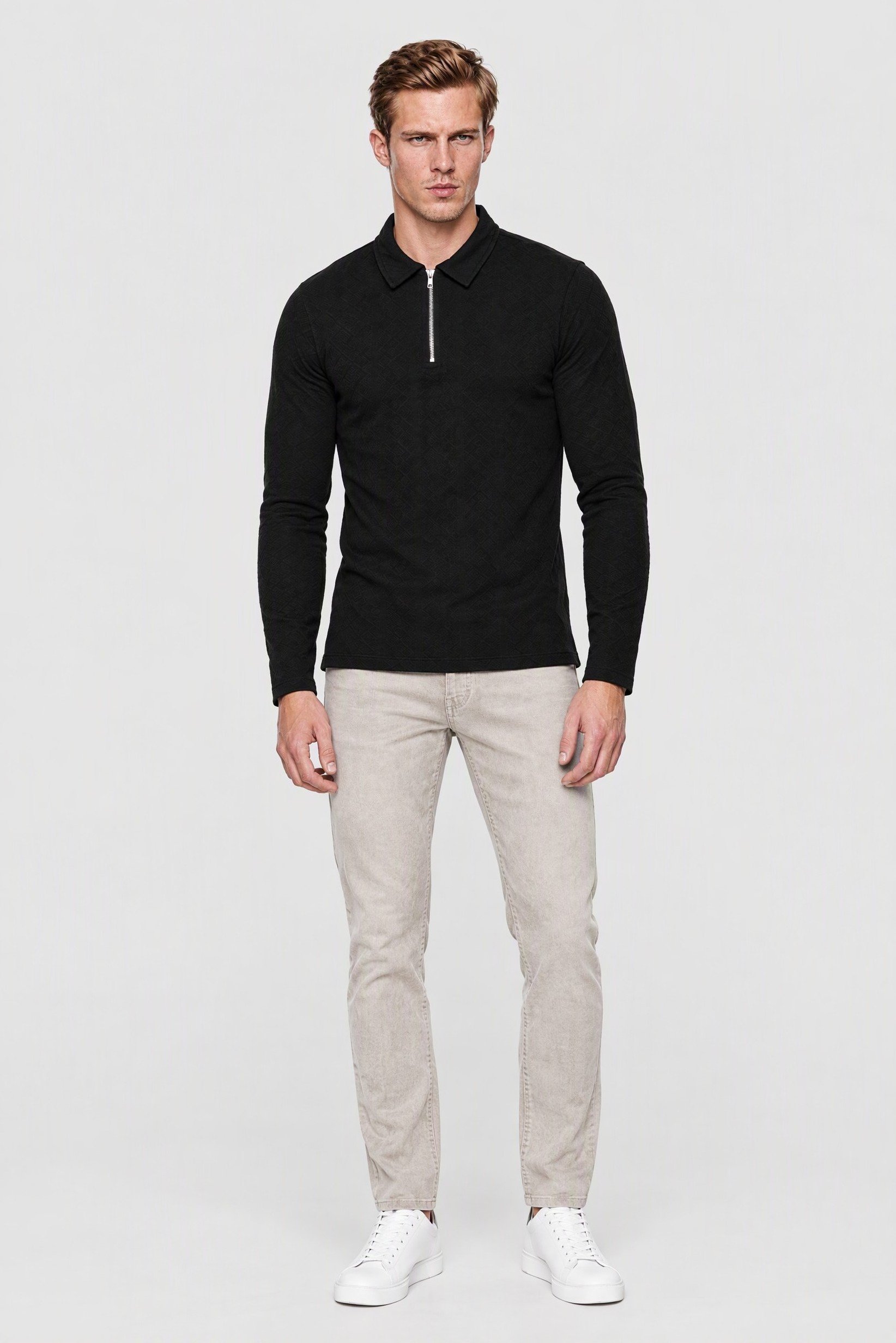Men Regular Fit Half Zipper Long Sleeve Textured Polo Shirt, Navy
