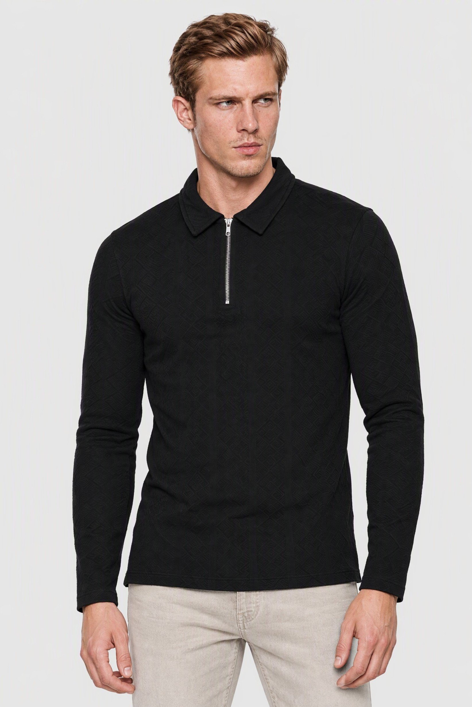 Men Regular Fit Half Zipper Long Sleeve Textured Polo Shirt, Navy