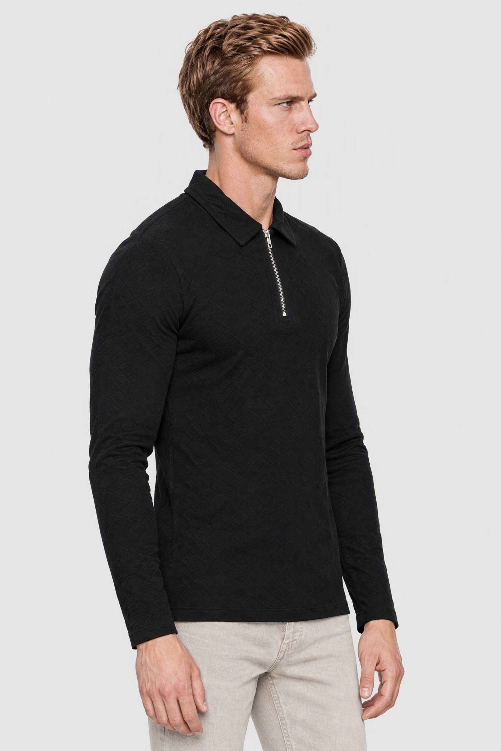 Men Regular Fit Half Zipper Long Sleeve Textured Polo Shirt, Navy
