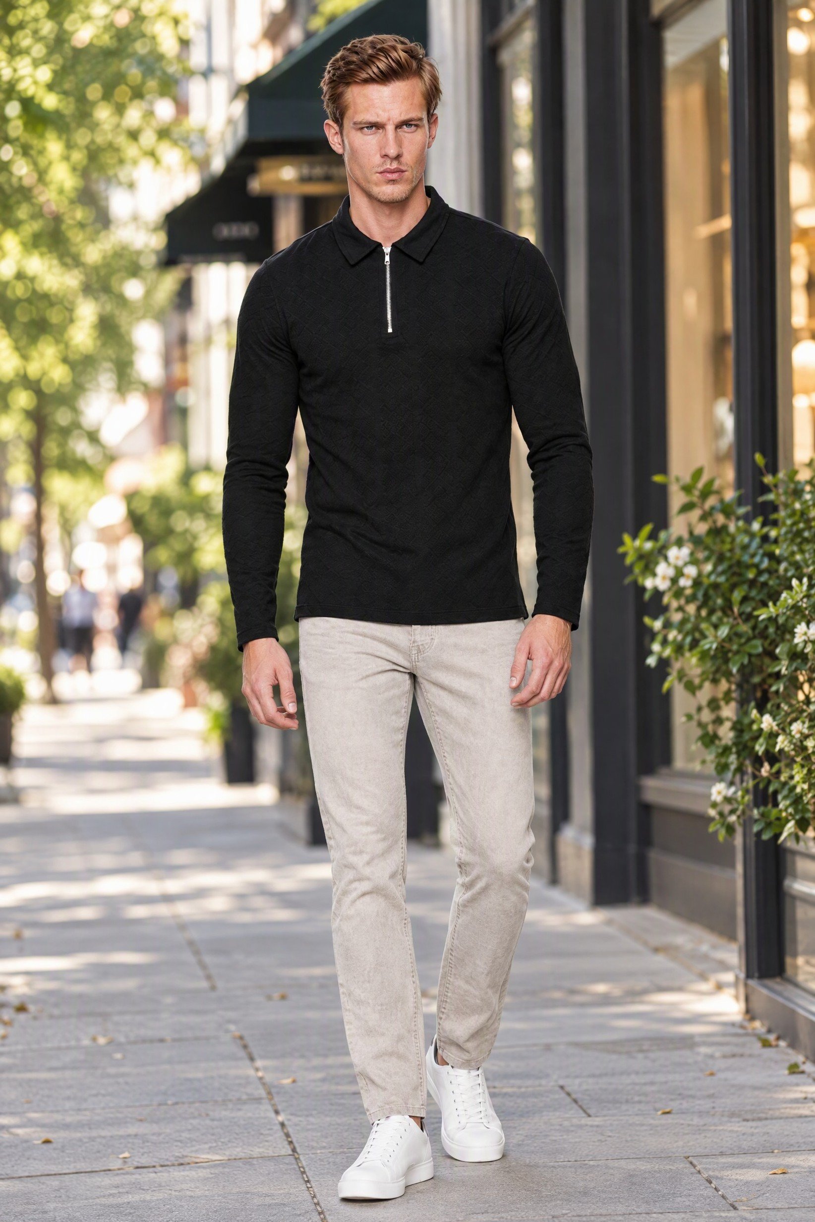 Men Regular Fit Half Zipper Long Sleeve Textured Polo Shirt, Navy