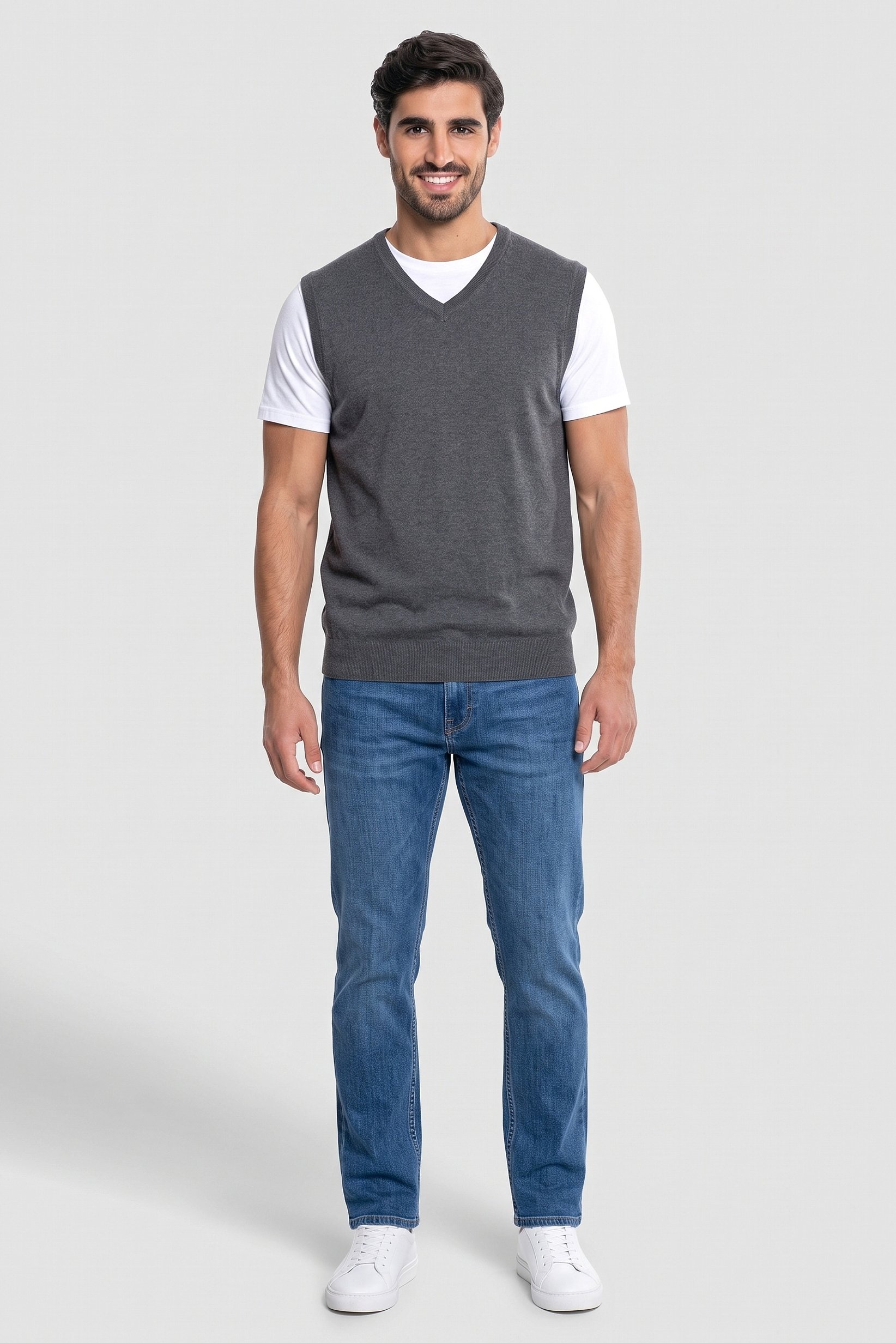 Men V-Neck Sleevess Knitted Sweater, Grey