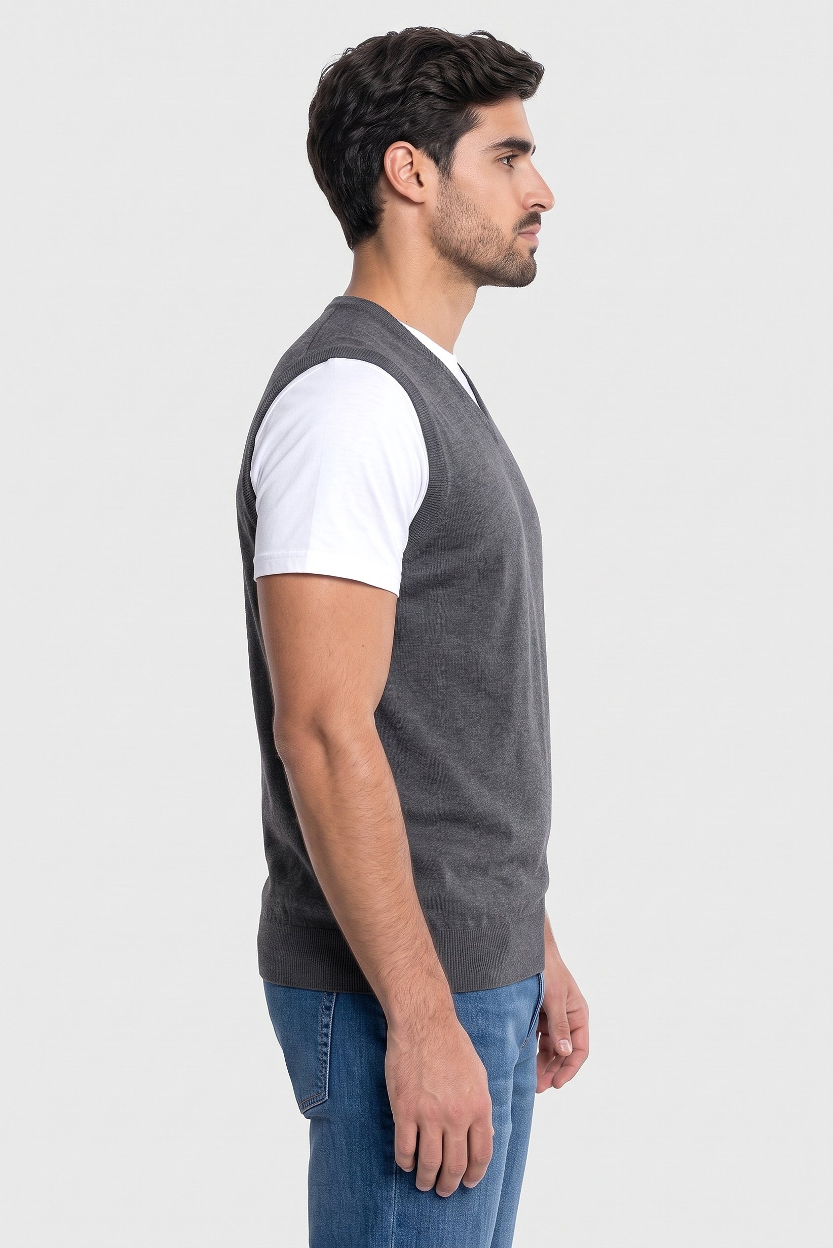 Men V-Neck Sleevess Knitted Sweater, Grey