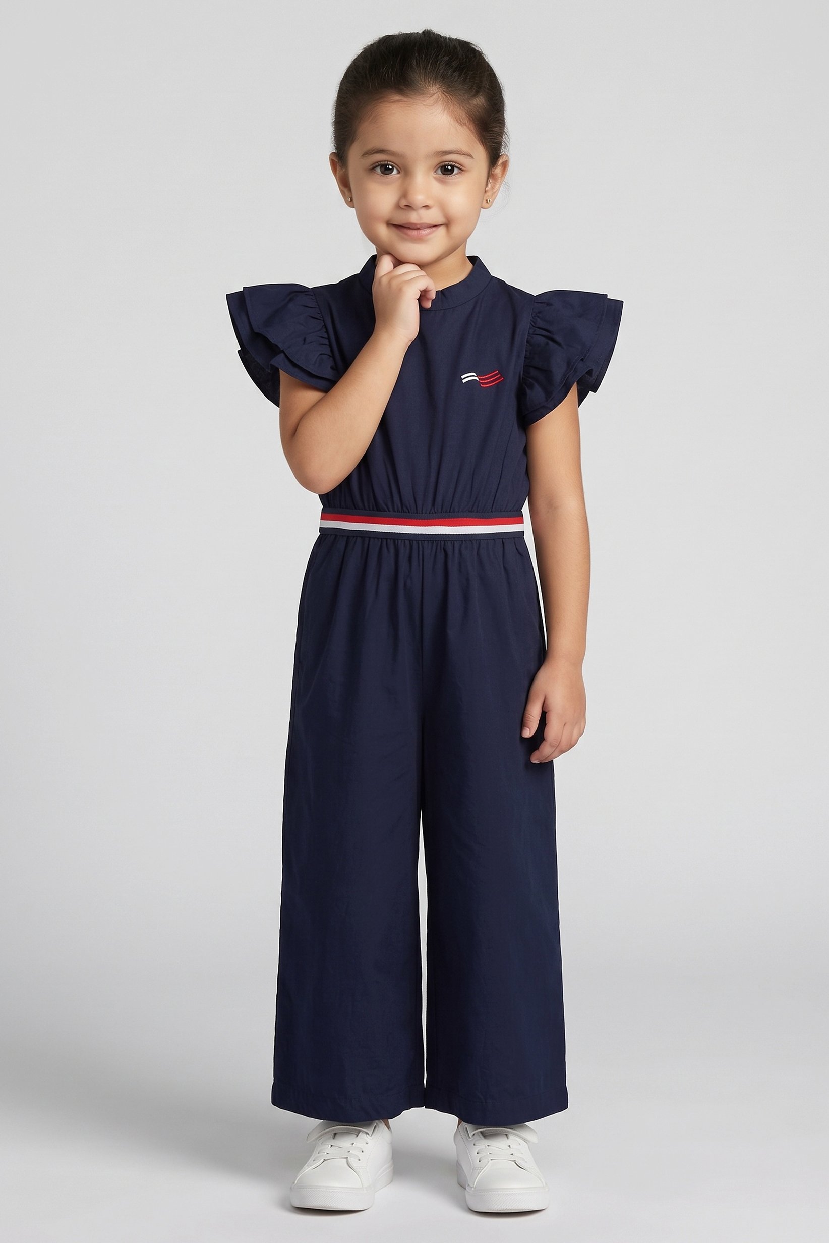 America Toddlers Girl Embroidered Logo Flutter Sleeve Jumpsuit, Navy