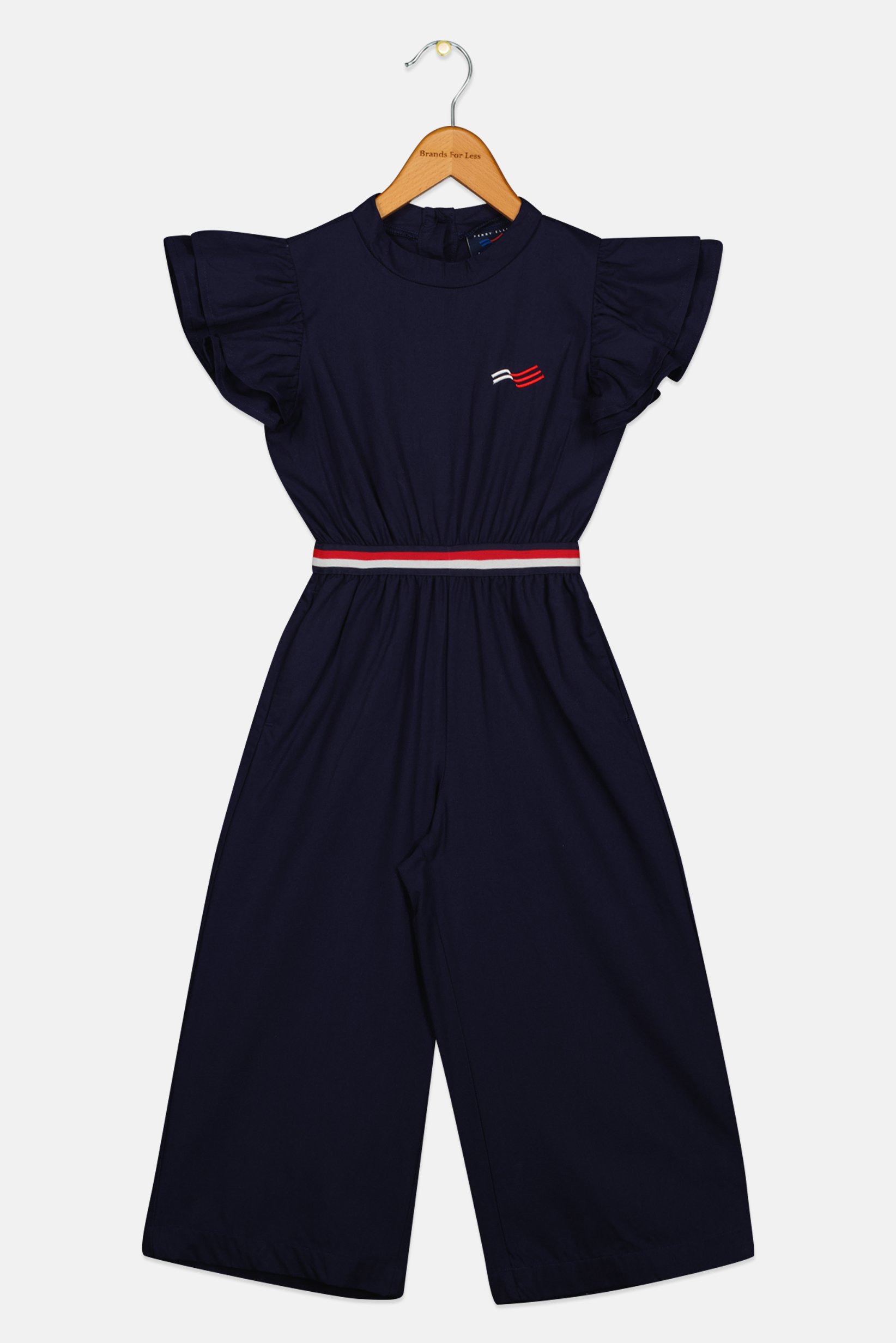 America Toddlers Girl Embroidered Logo Flutter Sleeve Jumpsuit, Navy
