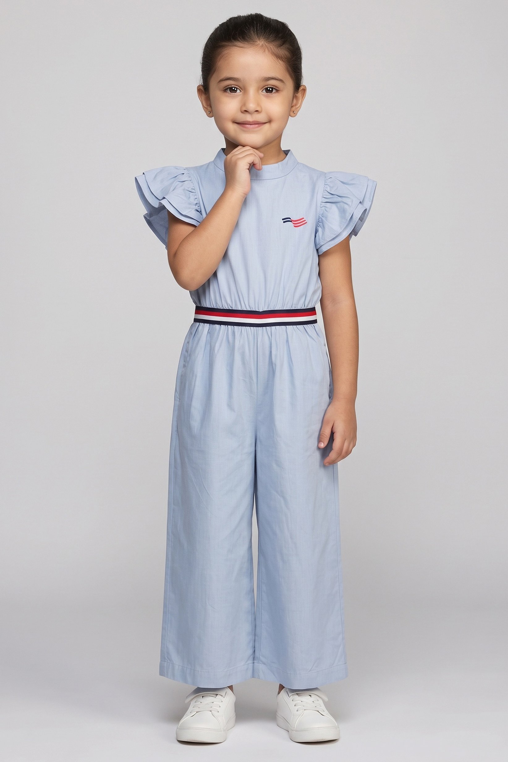 America Toddlers Girl Embroidered Logo Flutter Sleeve Jumpsuit, Slate Blue