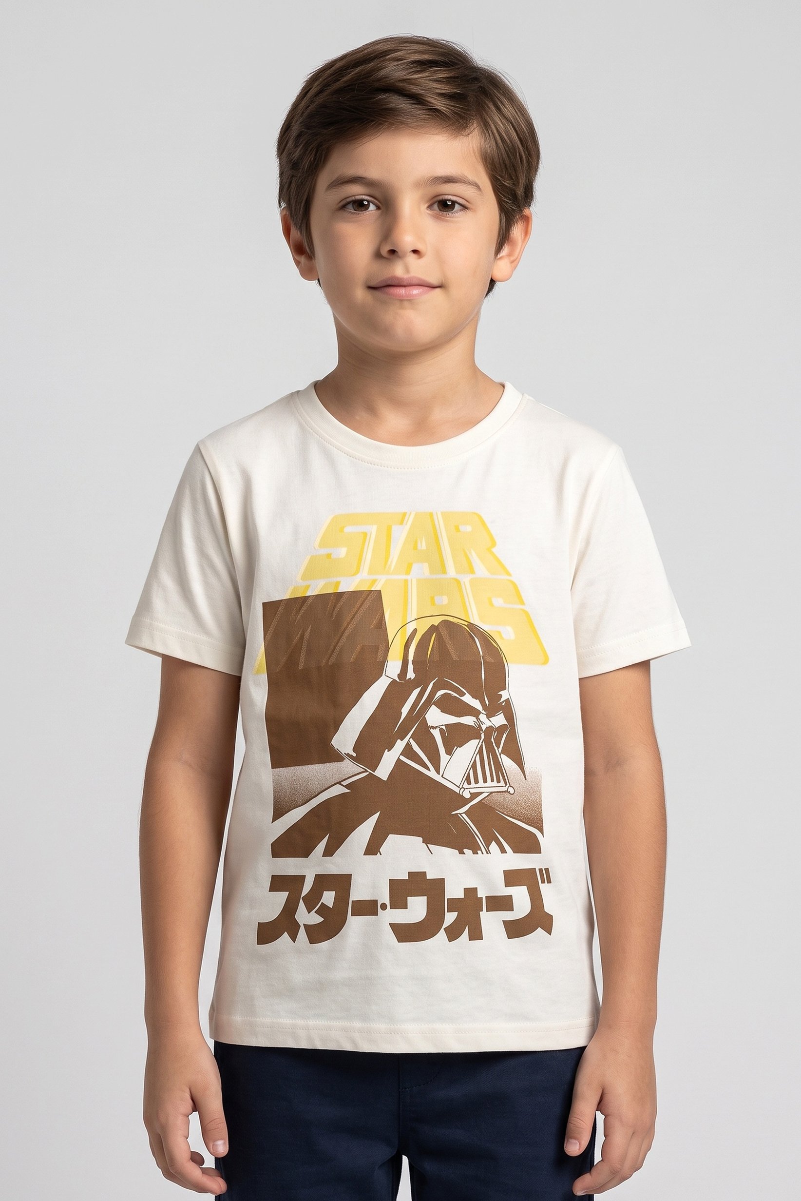 Kids Boy Crew Neck Short Sleeve Star War Print T-Shirt, Cream