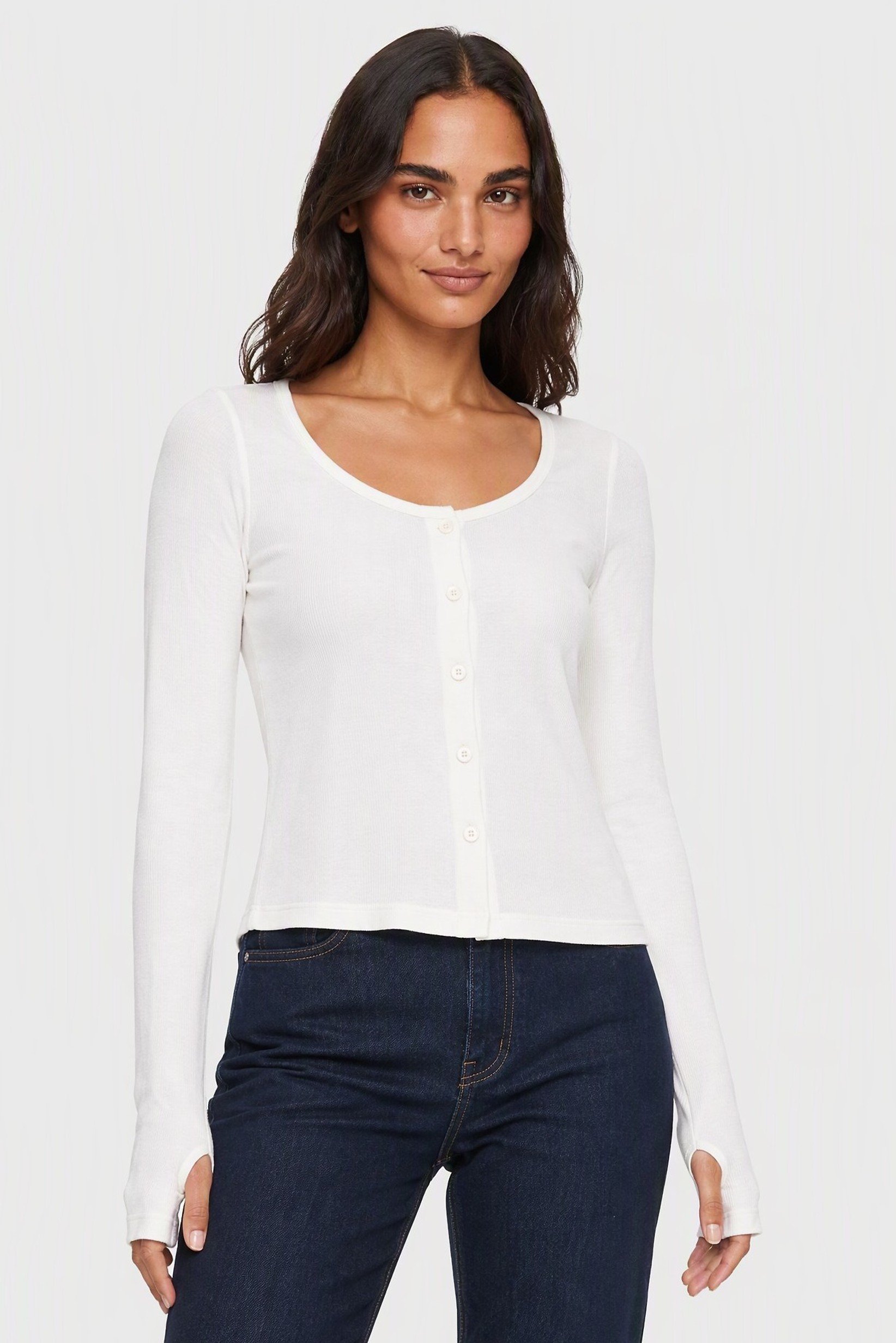 Women Round Neck Long Sleeve Ribbed Top, White