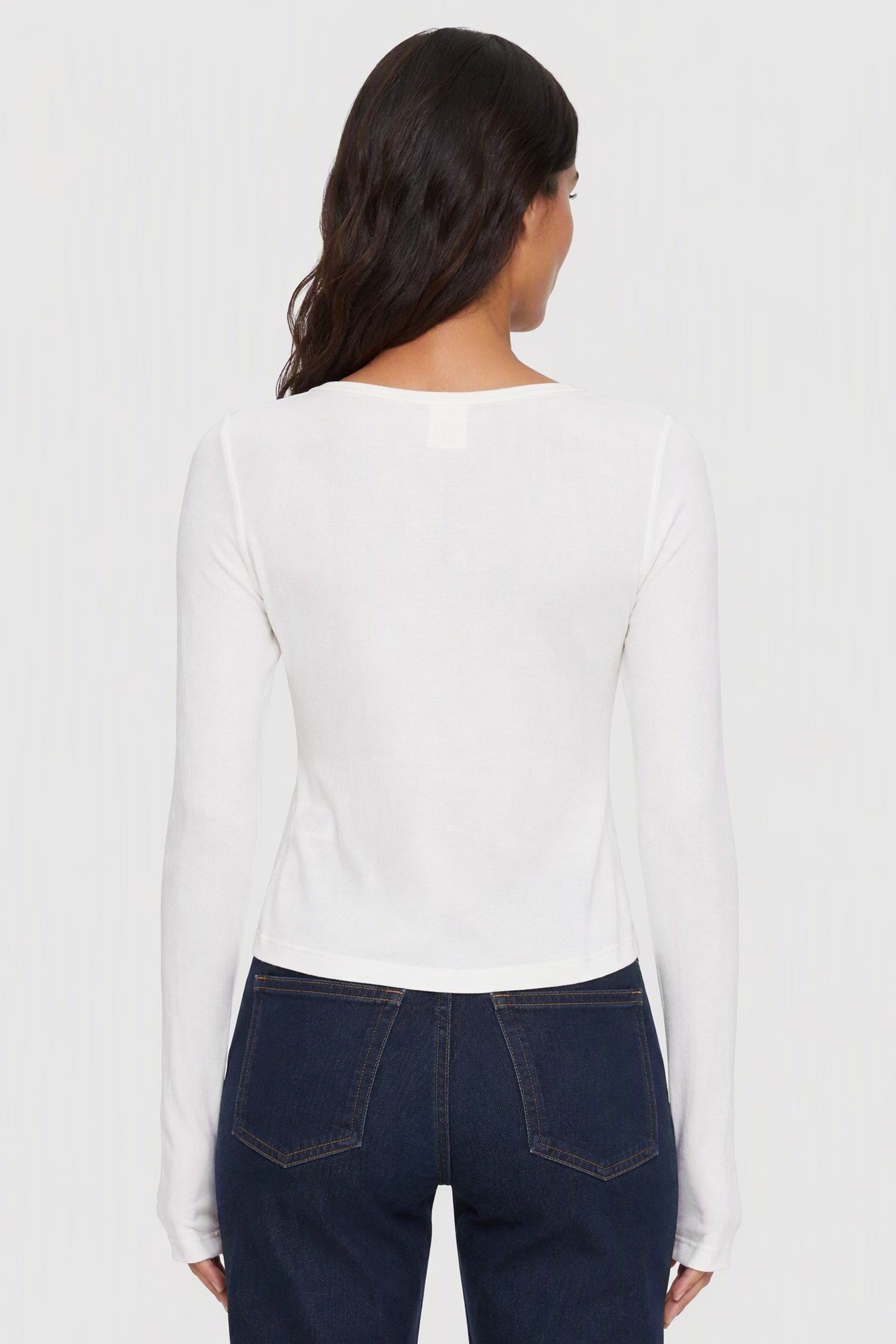 Women Round Neck Long Sleeve Ribbed Top, White